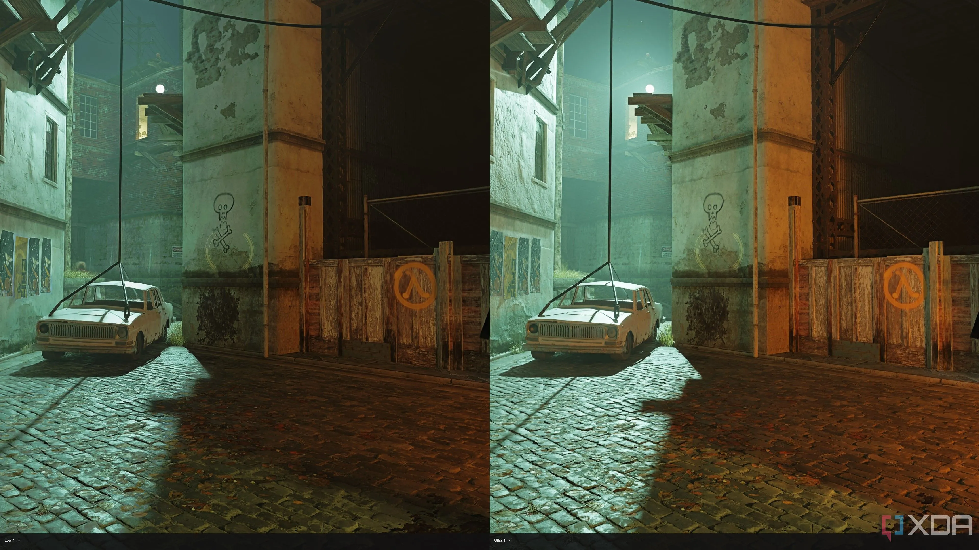 Sự khác biệt về chất lượng ánh sáng ray tracing giữa cài đặt Ultra và Low trong Half-Life 2 RTX