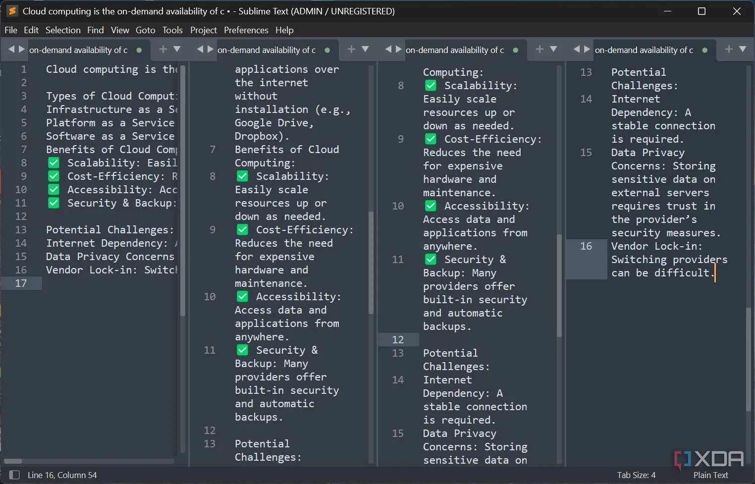 Sublime Text hiển thị nhiều cột, minh họa hiệu suất vượt trội khi xử lý các tệp văn bản lớn.