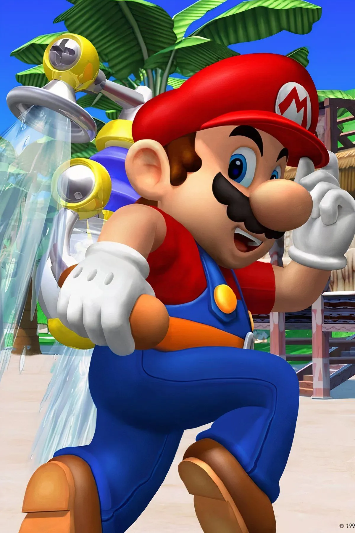 Super Mario cùng FLUDD trong game Super Mario Sunshine trên Đảo Delfino đầy nắng