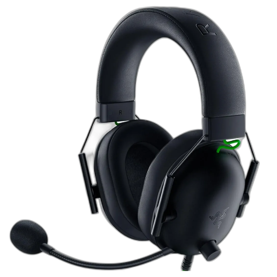 Tai nghe gaming Razer BlackShark V2 màu đen, góc nhìn nghiêng bên trái, kèm mic có thể tháo rời