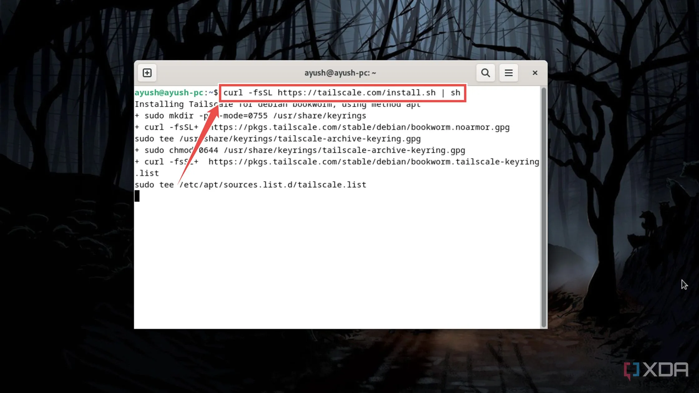 Tải và thực thi script cài đặt Tailscale trên máy chủ Linux