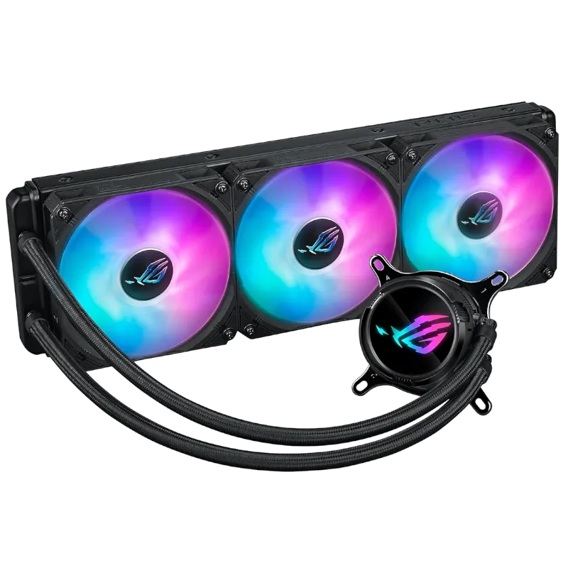 Tản nhiệt nước AIO Asus ROG Strix LC III 360 ARGB với ba quạt và đèn RGB ấn tượng, được thiết kế để làm mát hiệu quả các CPU mạnh mẽ như AMD Ryzen 9800X3D và Intel Core Ultra 9 285K.