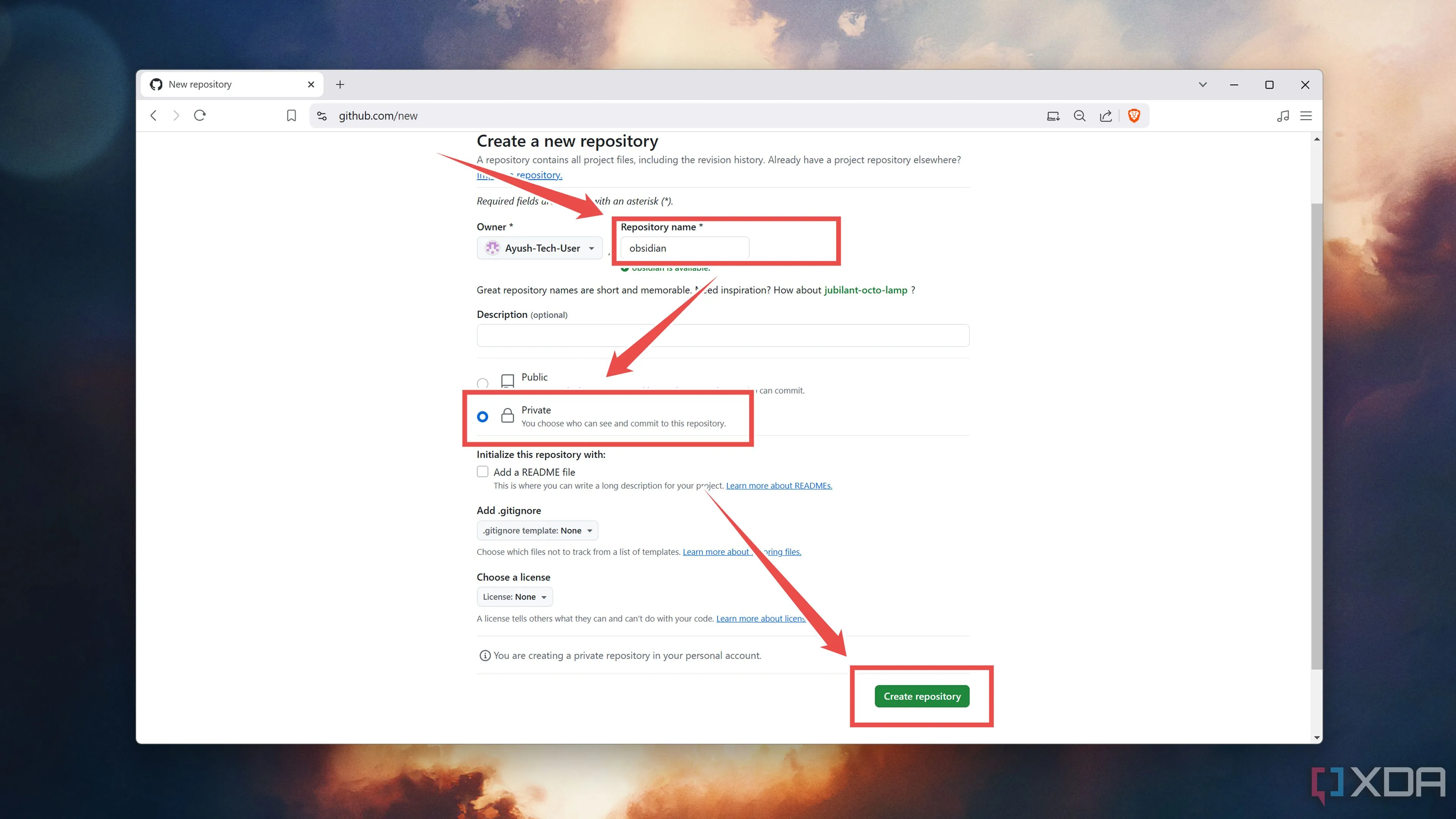 Tạo một kho lưu trữ (repository) riêng tư trên GitHub cho ghi chú Obsidian