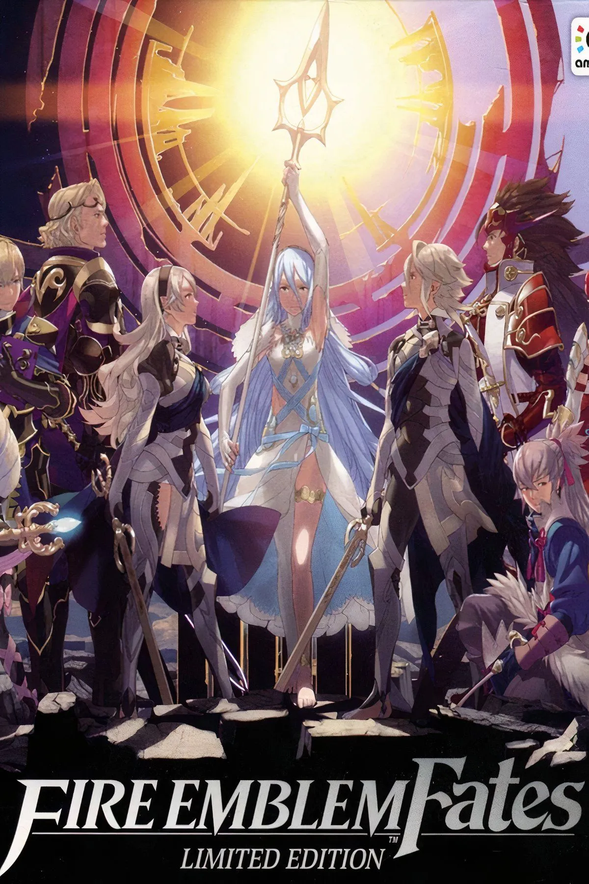 Tập hợp các nhân vật chính và cảnh chiến đấu chiến thuật trong game Fire Emblem Fates, thể hiện phong cách đồ họa Nhật Bản.