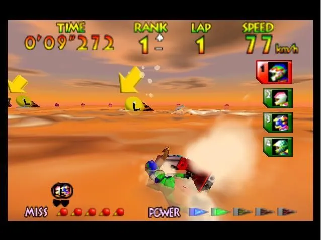 Tay đua lướt ván tốc độ cao trên mặt nước gồ ghề trong Wave Race 64, thể hiện hiệu ứng sóng chân thực