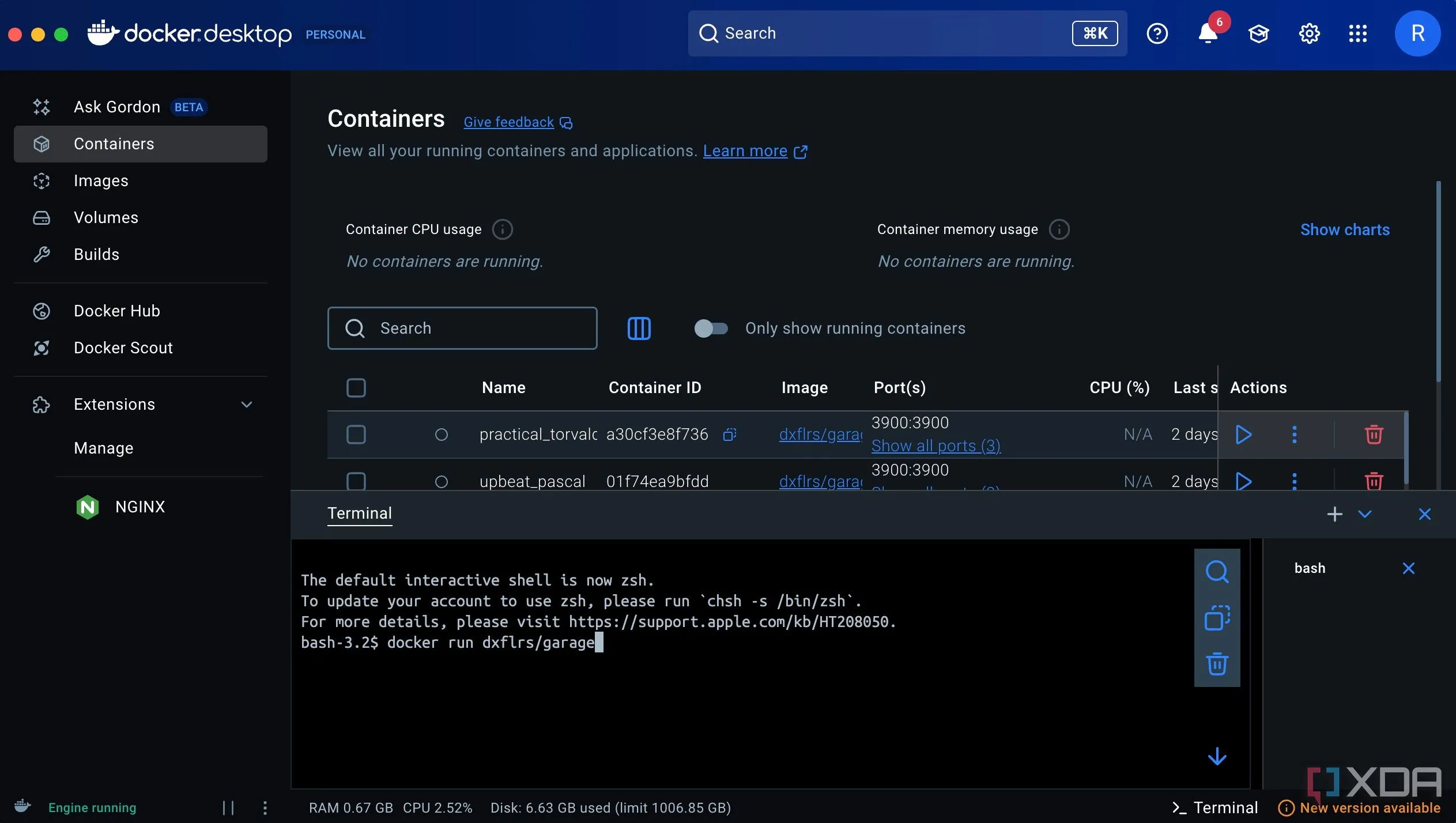 Terminal hiển thị lệnh docker run [image] để khởi tạo và chạy container Docker từ một image, cho phép triển khai ứng dụng tự host.