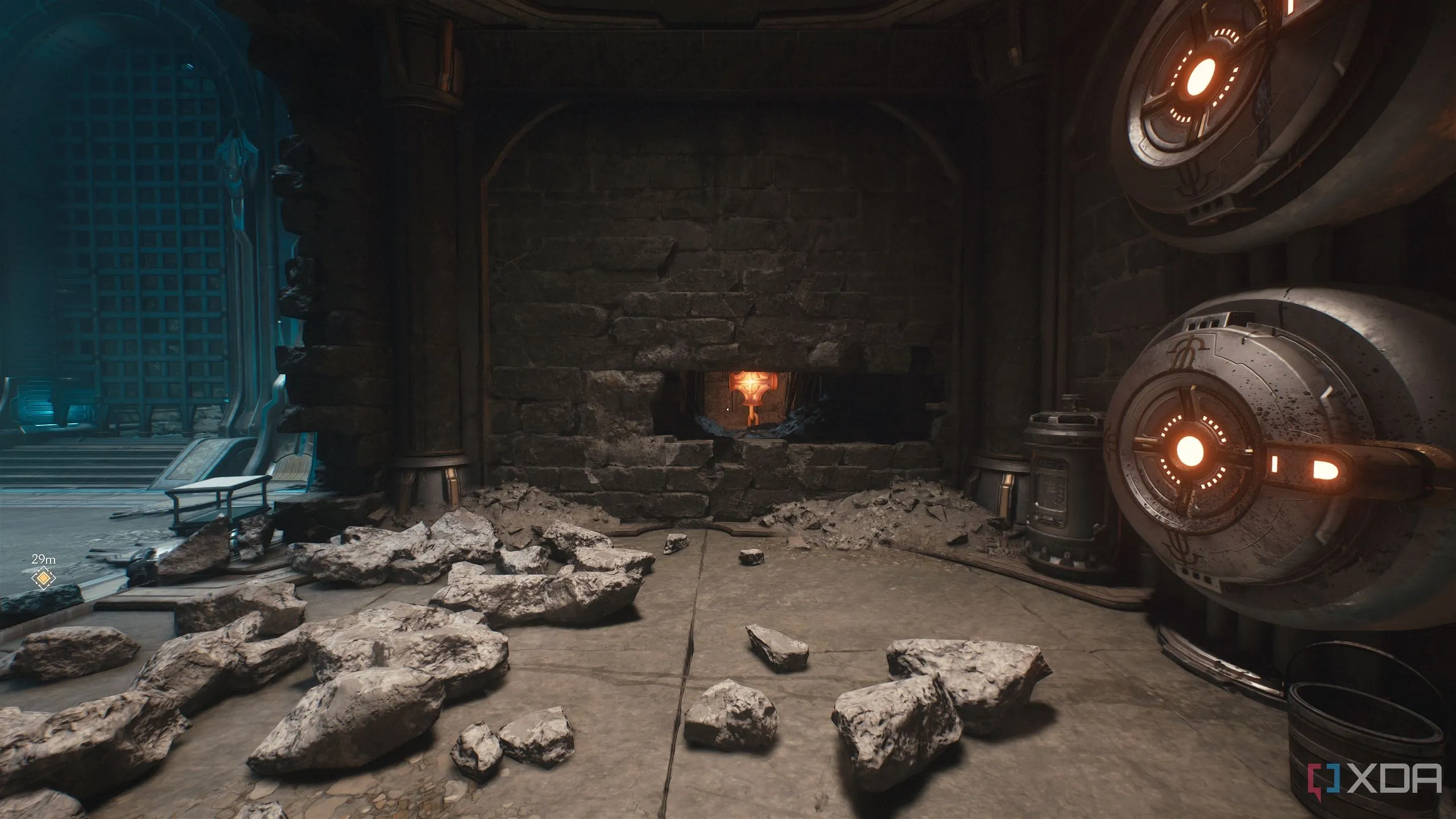 Thánh giá kim loại nóng qua khe hở trong tường của Doom The Dark Ages