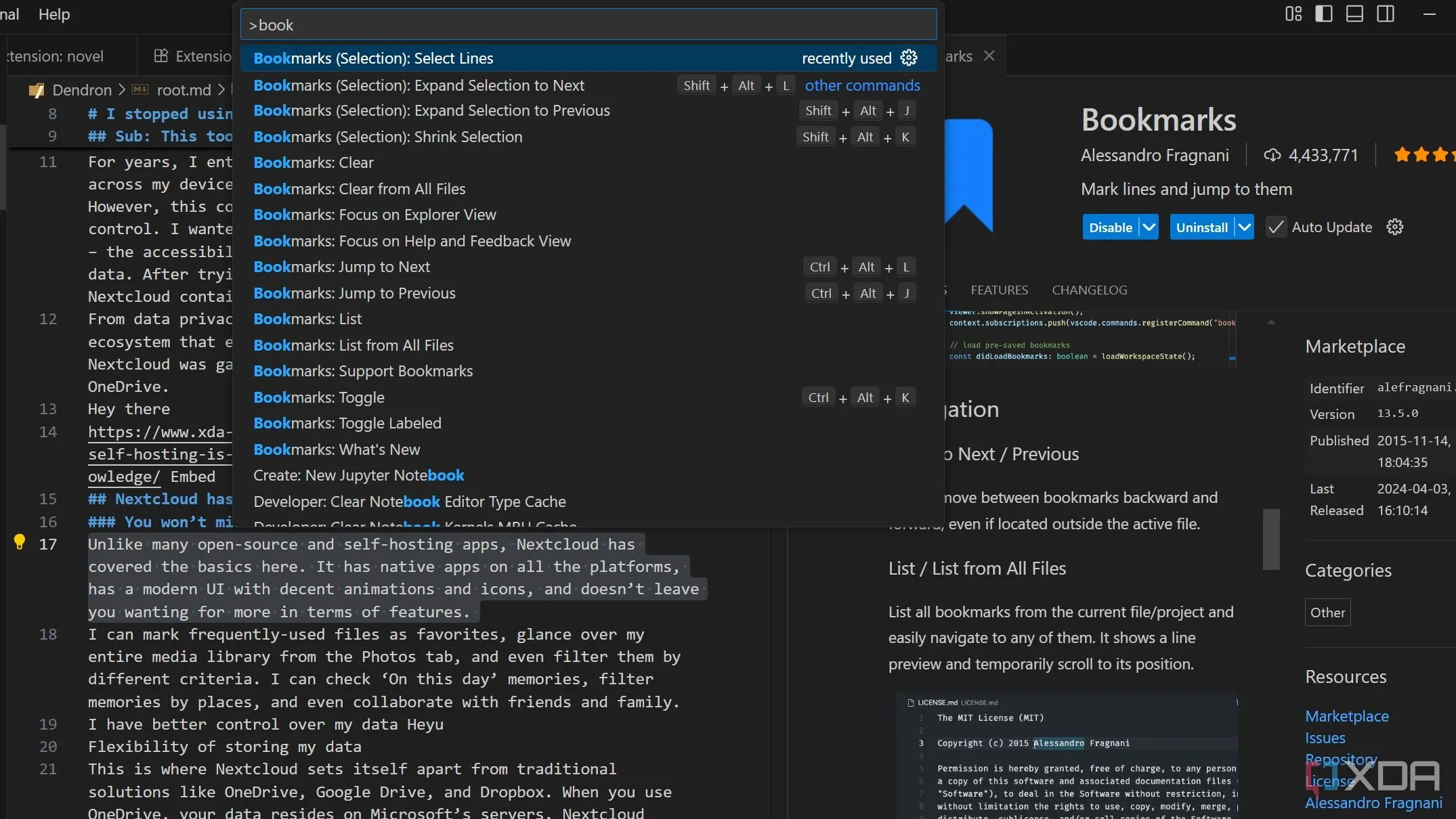 Thanh sidebar trong VS Code hiển thị tiện ích Bookmarks, cho phép người viết đánh dấu các dòng văn bản quan trọng và dễ dàng điều hướng giữa chúng trong tài liệu dài