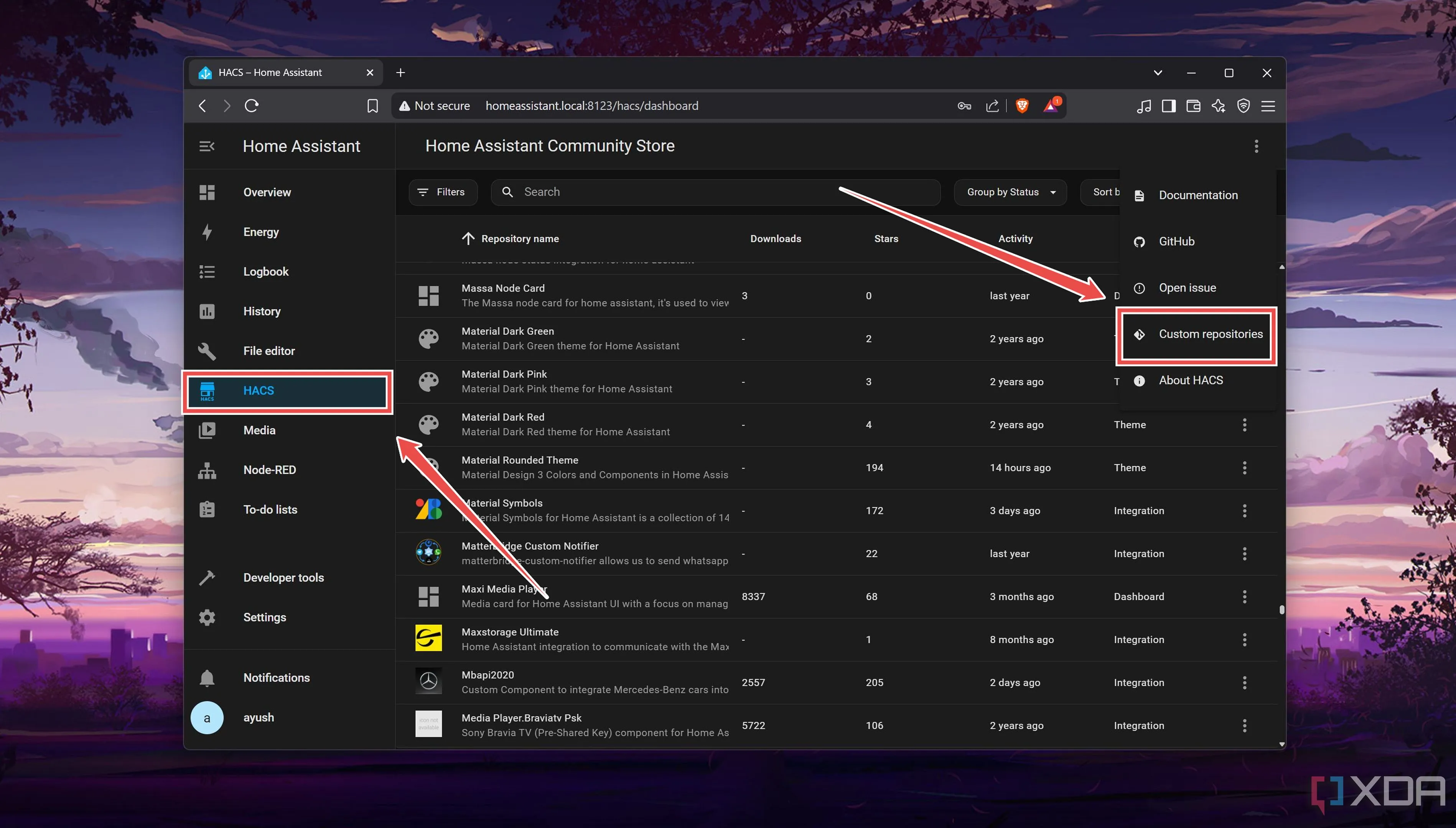 Thêm kho lưu trữ tùy chỉnh (Custom repositories) trong giao diện HACS của Home Assistant