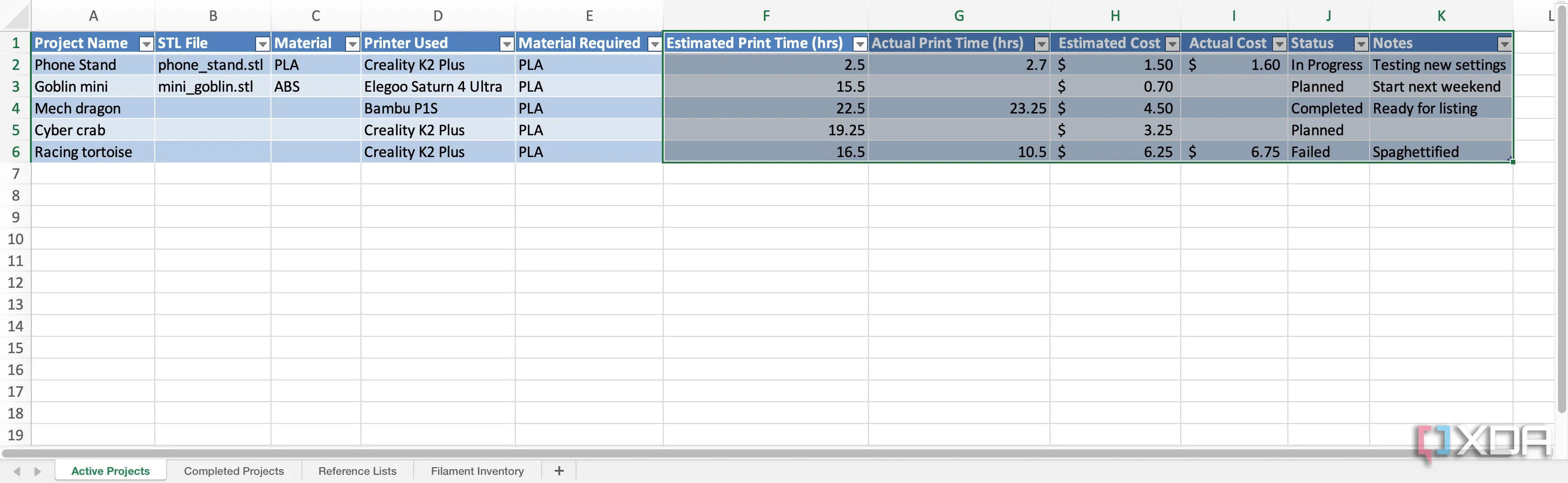 Theo dõi chi phí và thời gian in 3D trên bảng tính Excel