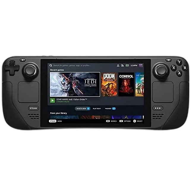 Thiết bị chơi game cầm tay Steam Deck nhìn từ trên xuống, với các nút điều khiển và màn hình hiển thị trò chơi