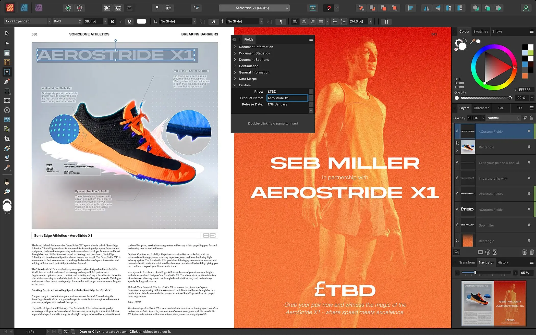 Thiết kế dàn trang trong Affinity Publisher với văn bản động và bố cục chuyên nghiệp, thể hiện khả năng xuất bản ấn phẩm.