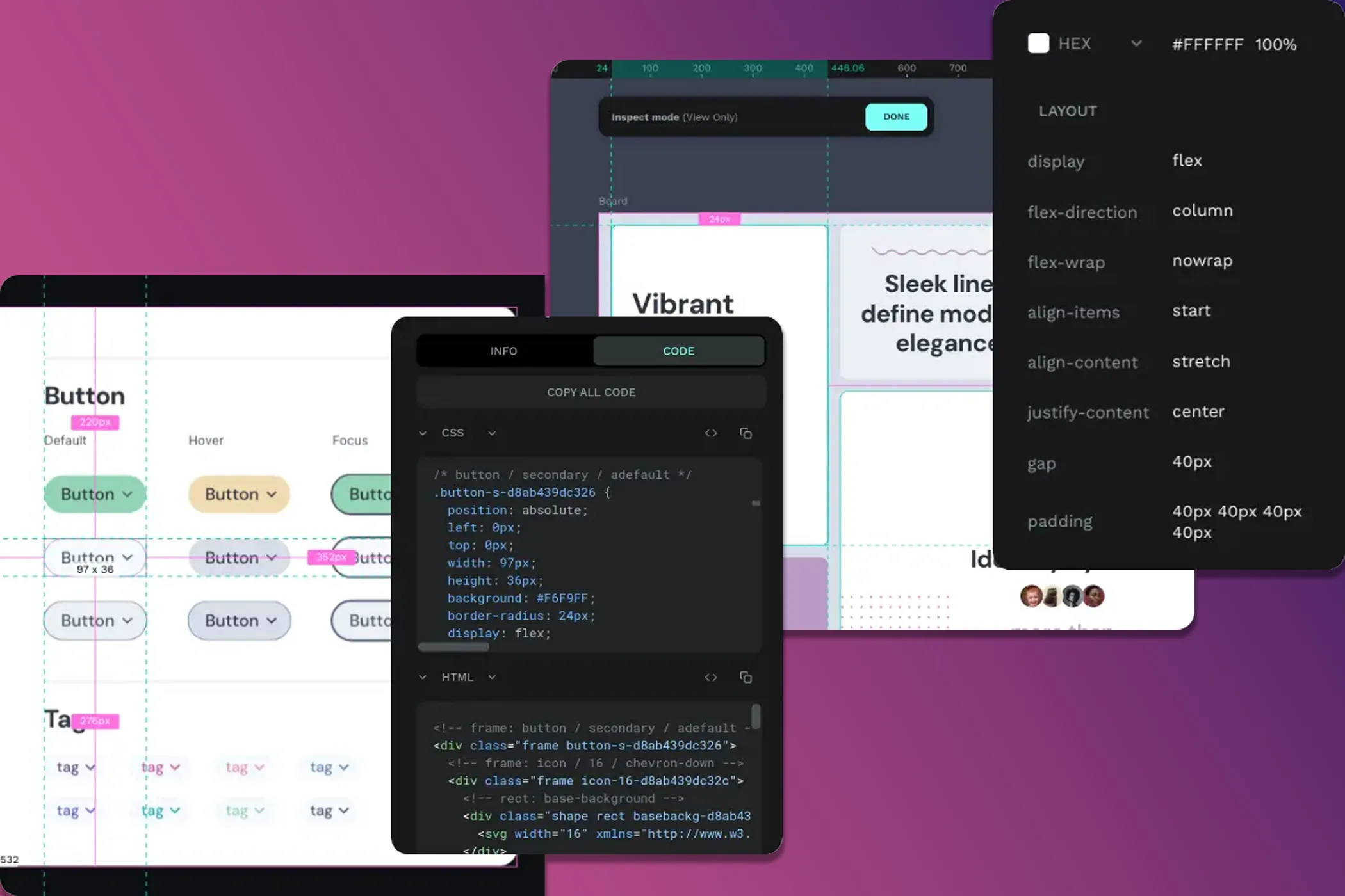 Thiết kế giao diện trong Penpot với mã HTML và CSS được tạo tự động, thể hiện khả năng bàn giao dự án liền mạch