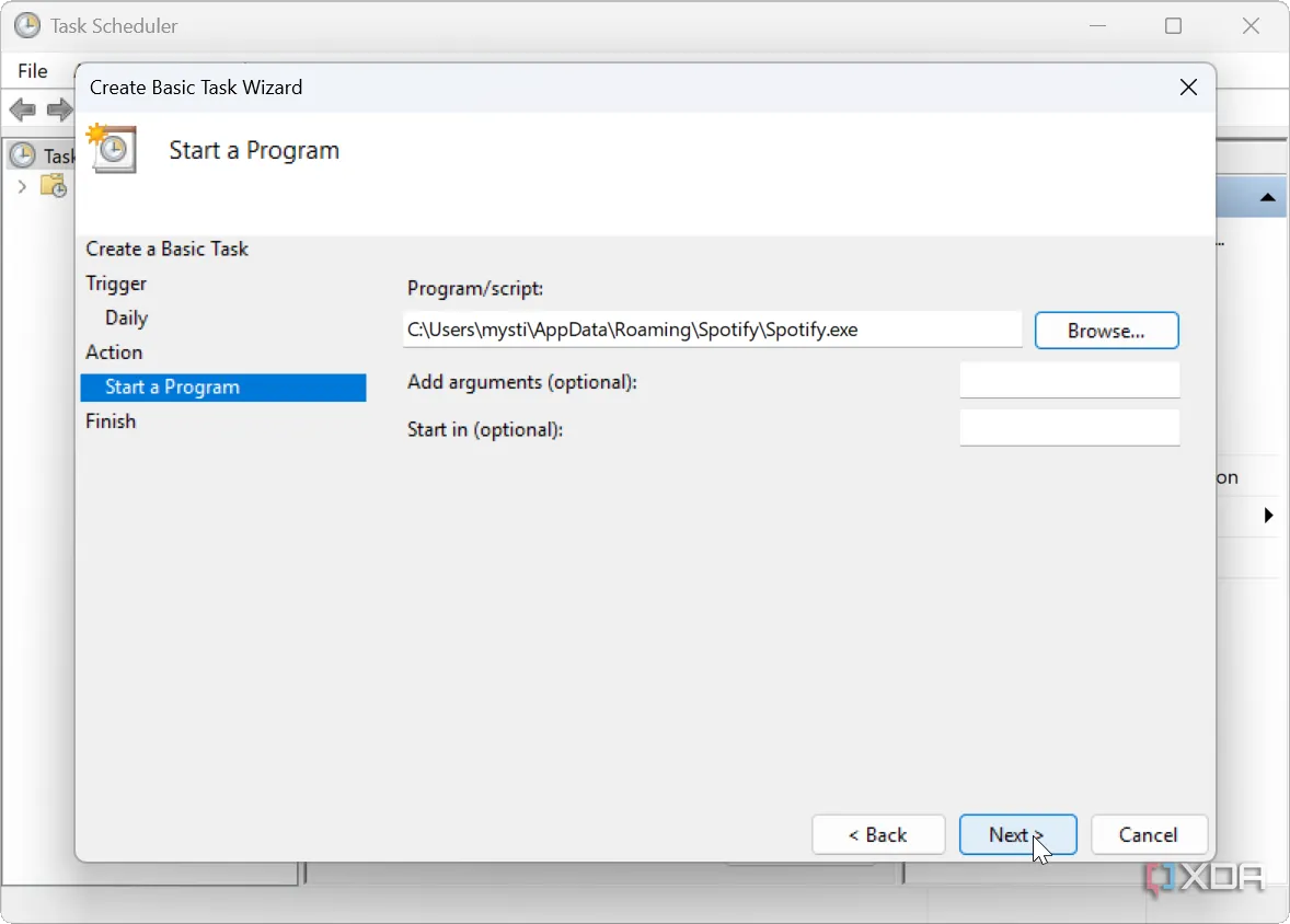 Thiết lập Task Scheduler để tự động mở ứng dụng Spotify vào thời gian đã định trên Windows
