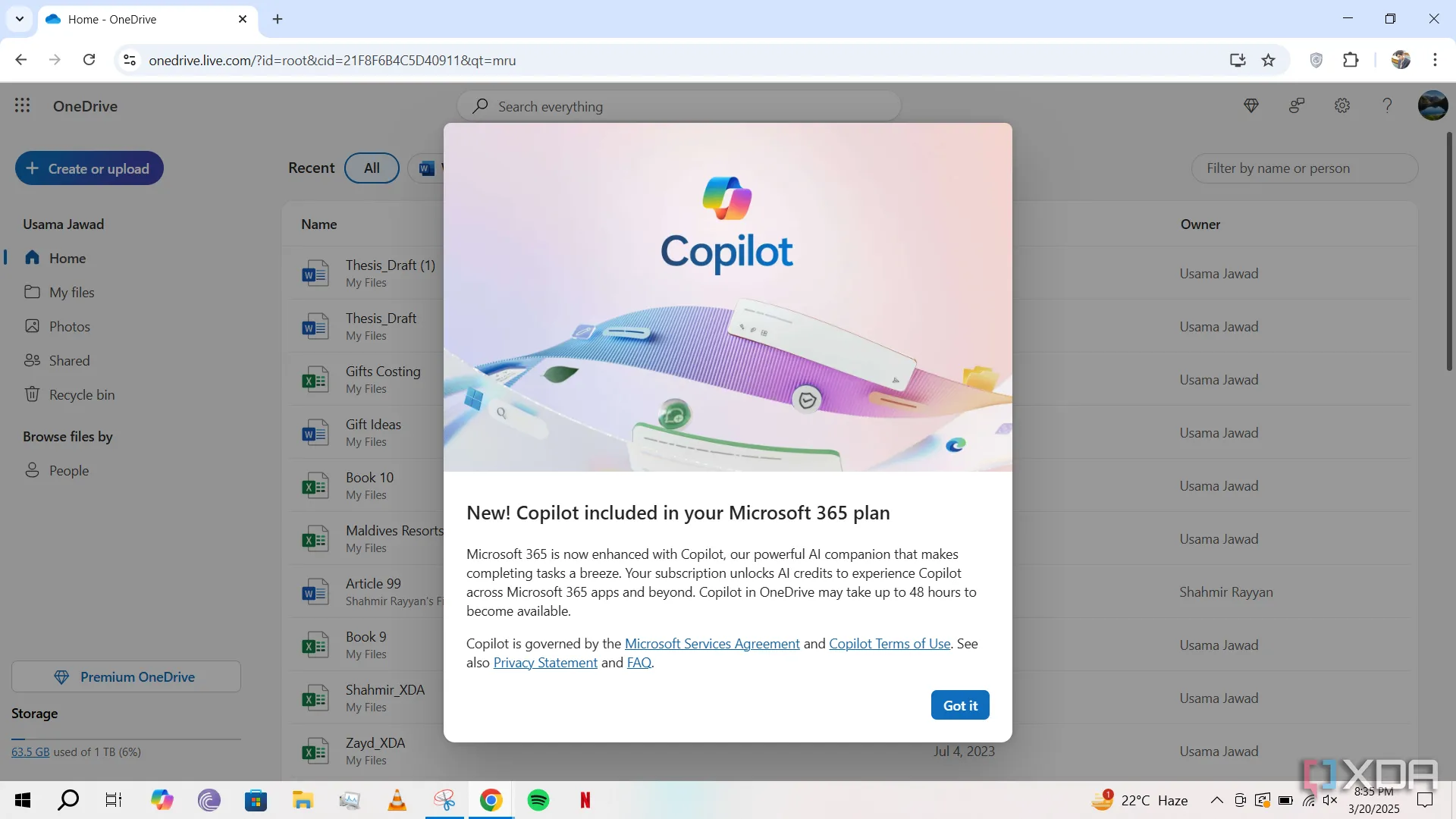 Thông báo hiển thị tính khả dụng của Copilot trong OneDrive trên web cho người dùng Microsoft 365, minh họa sự mở rộng của Copilot