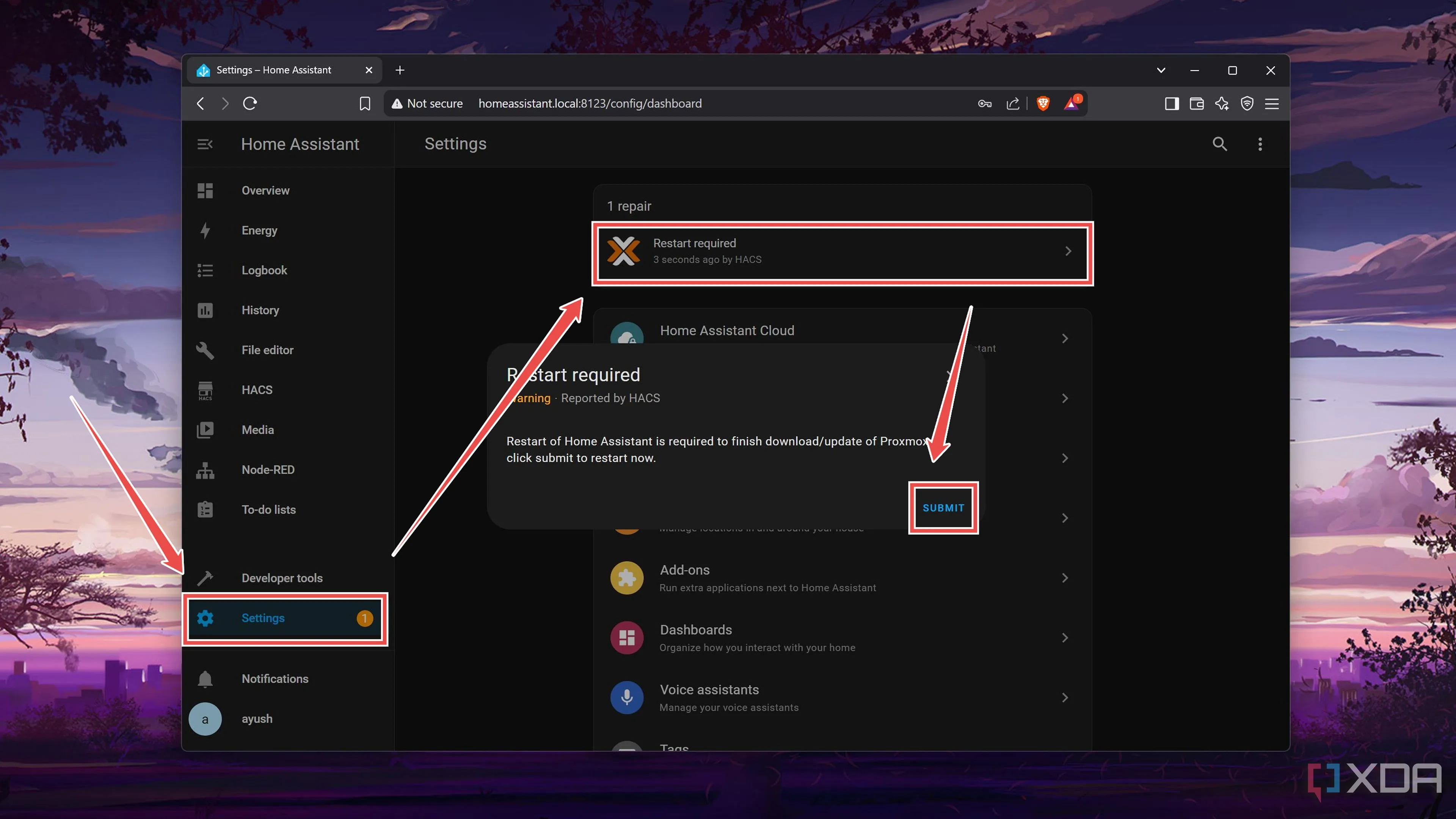 Thông báo 'Restart required' trong Home Assistant sau khi cài đặt tích hợp Proxmox VE