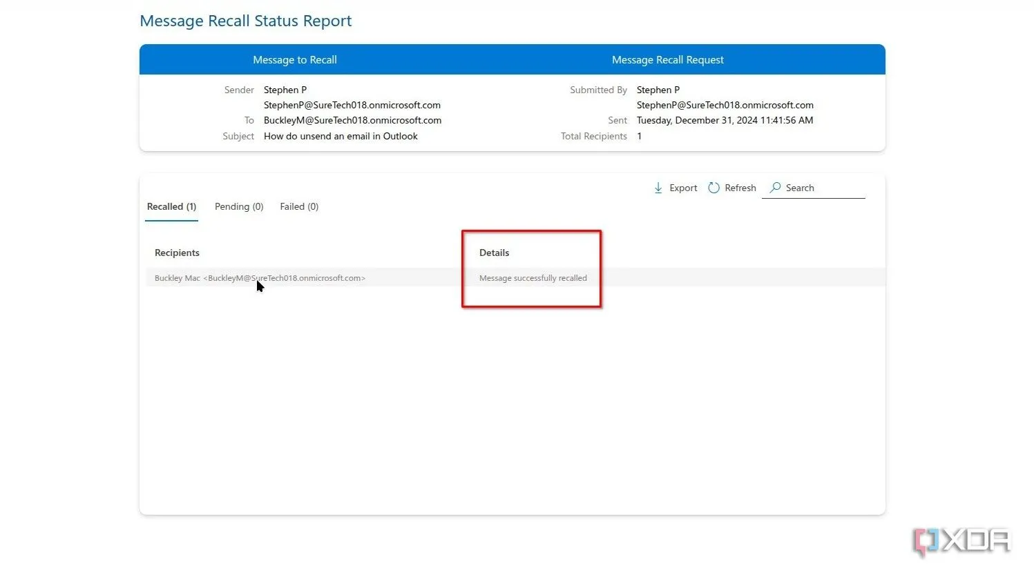 Thông báo thu hồi email thành công trong Outlook.