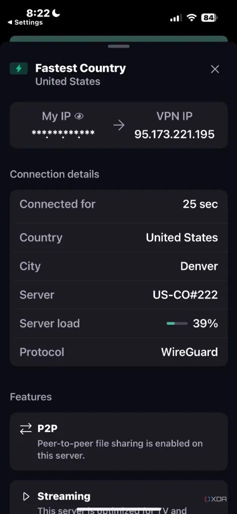 Thống kê kết nối của Proton VPN, cung cấp thông tin chi tiết về phiên VPN hiện tại của người dùng