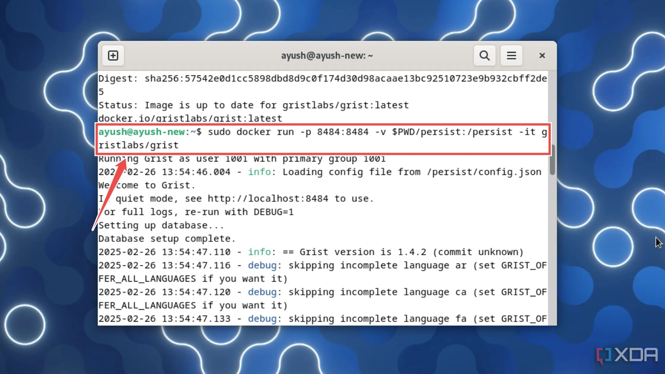 Thực thi lệnh docker run để khởi chạy Grist container với các tùy chỉnh cổng và volume