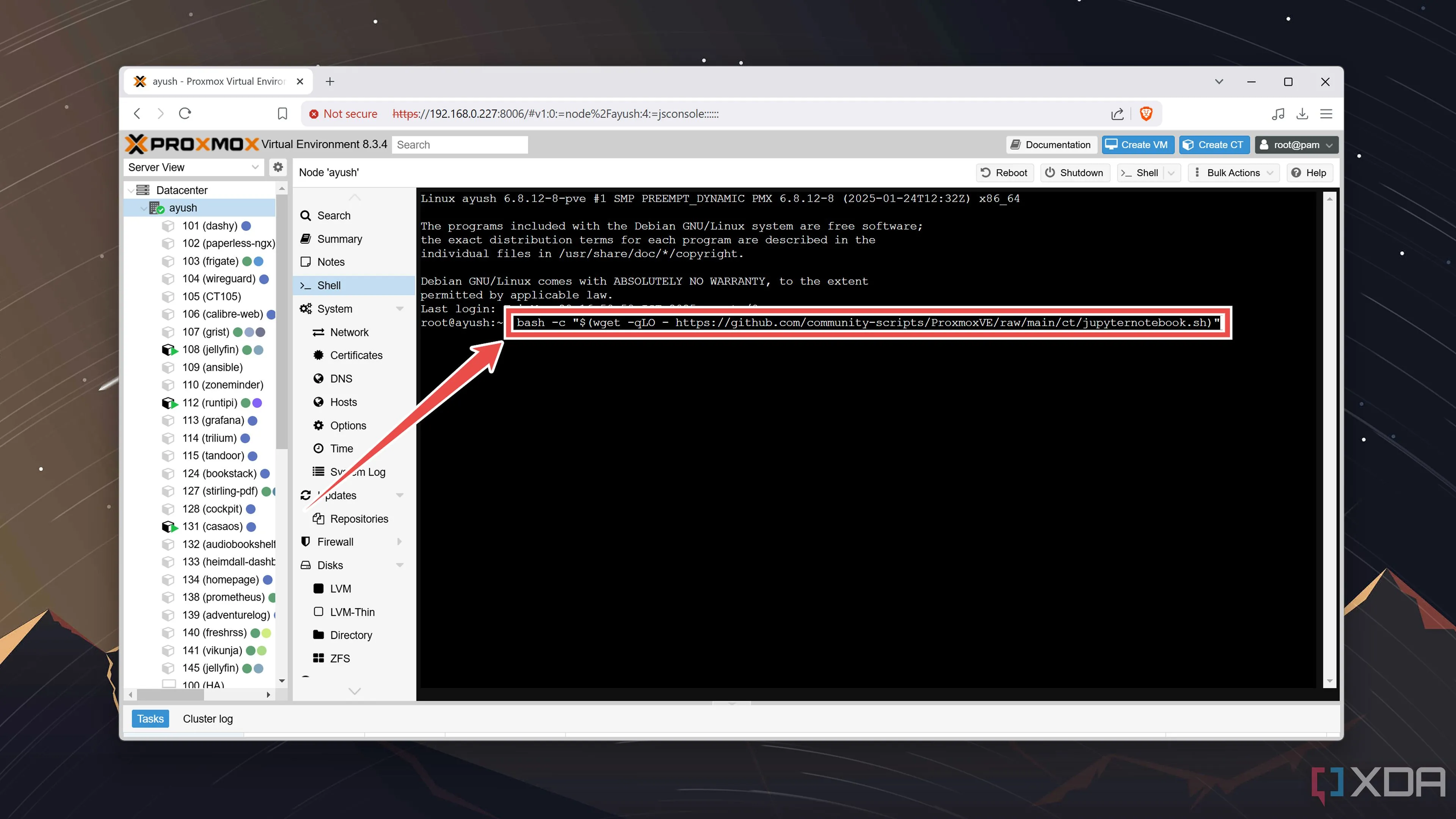 Thực thi lệnh script để triển khai container Jupyter Notebook trên Proxmox