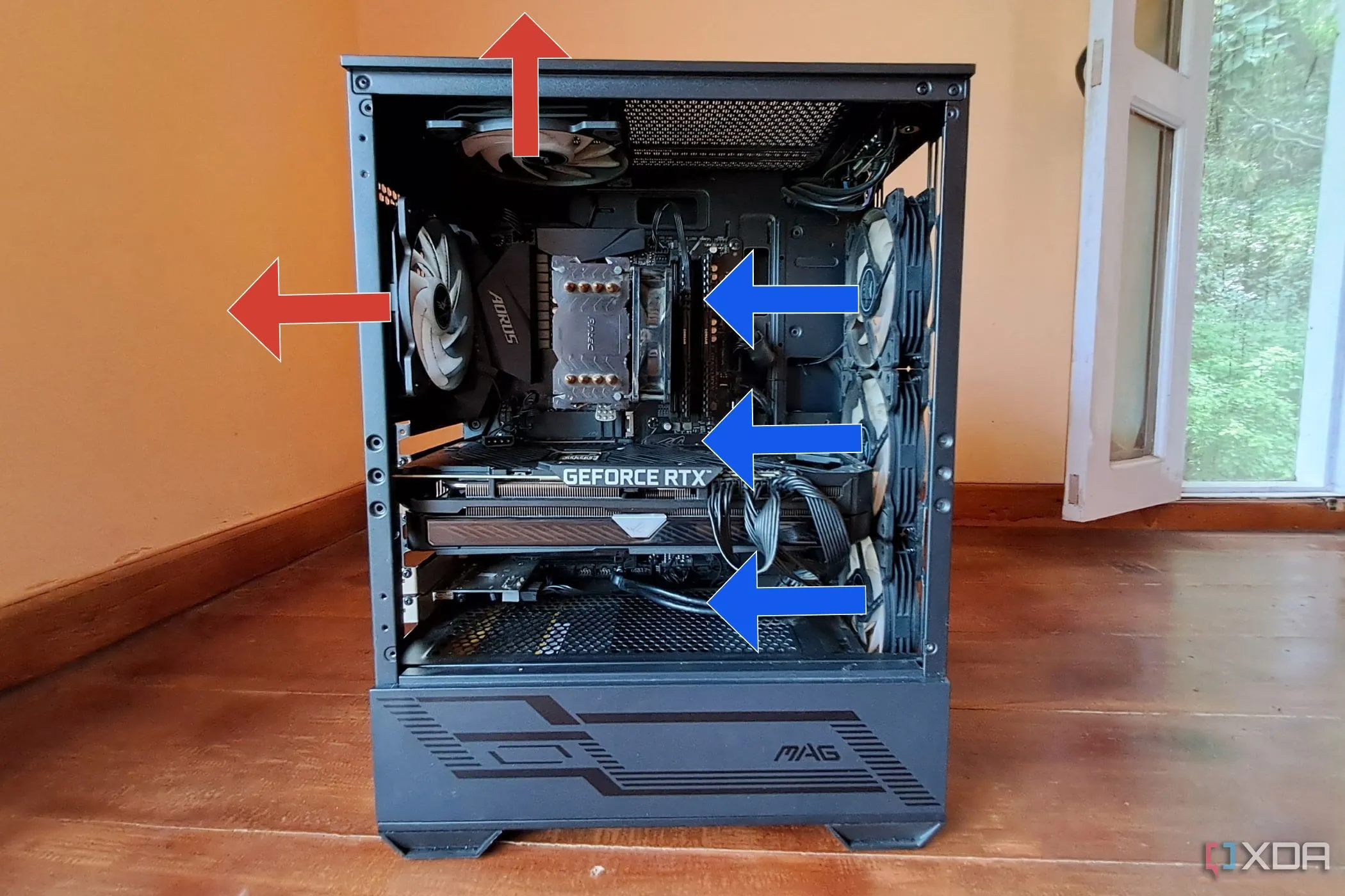 Thùng máy MSI MAG Forge 110R với ba quạt hút khí và hai quạt xả, minh họa cấu hình quạt tản nhiệt PC để tạo áp suất dương nhẹ và cân bằng luồng khí