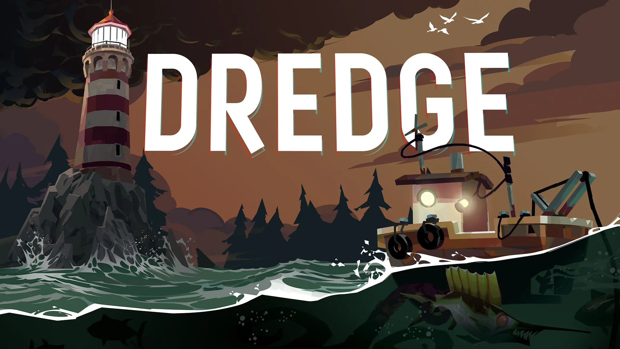 Thuyền câu cá trong game Dredge lênh đênh trên vùng biển đầy bí ẩn Lovecraftian, chuẩn bị đối mặt với những hiểm nguy.
