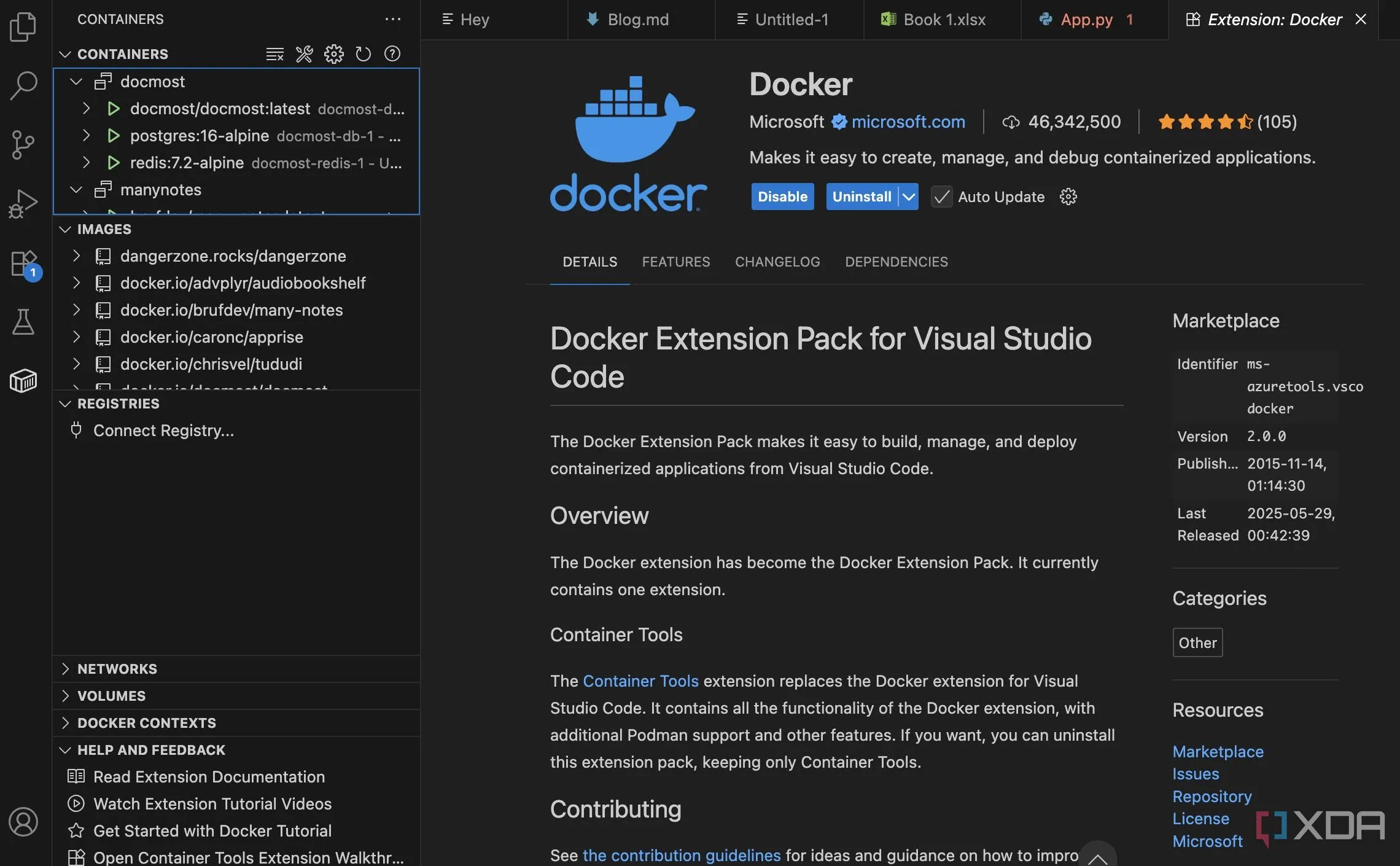 Tiện ích Docker trong Visual Studio Code hiển thị danh sách các container đang chạy và đã dừng, giúp quản lý môi trường container dễ dàng.