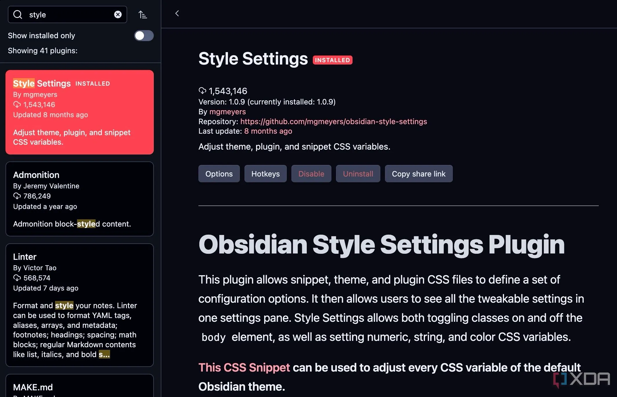 Tìm kiếm và cài đặt plugin Style Settings trong Obsidian