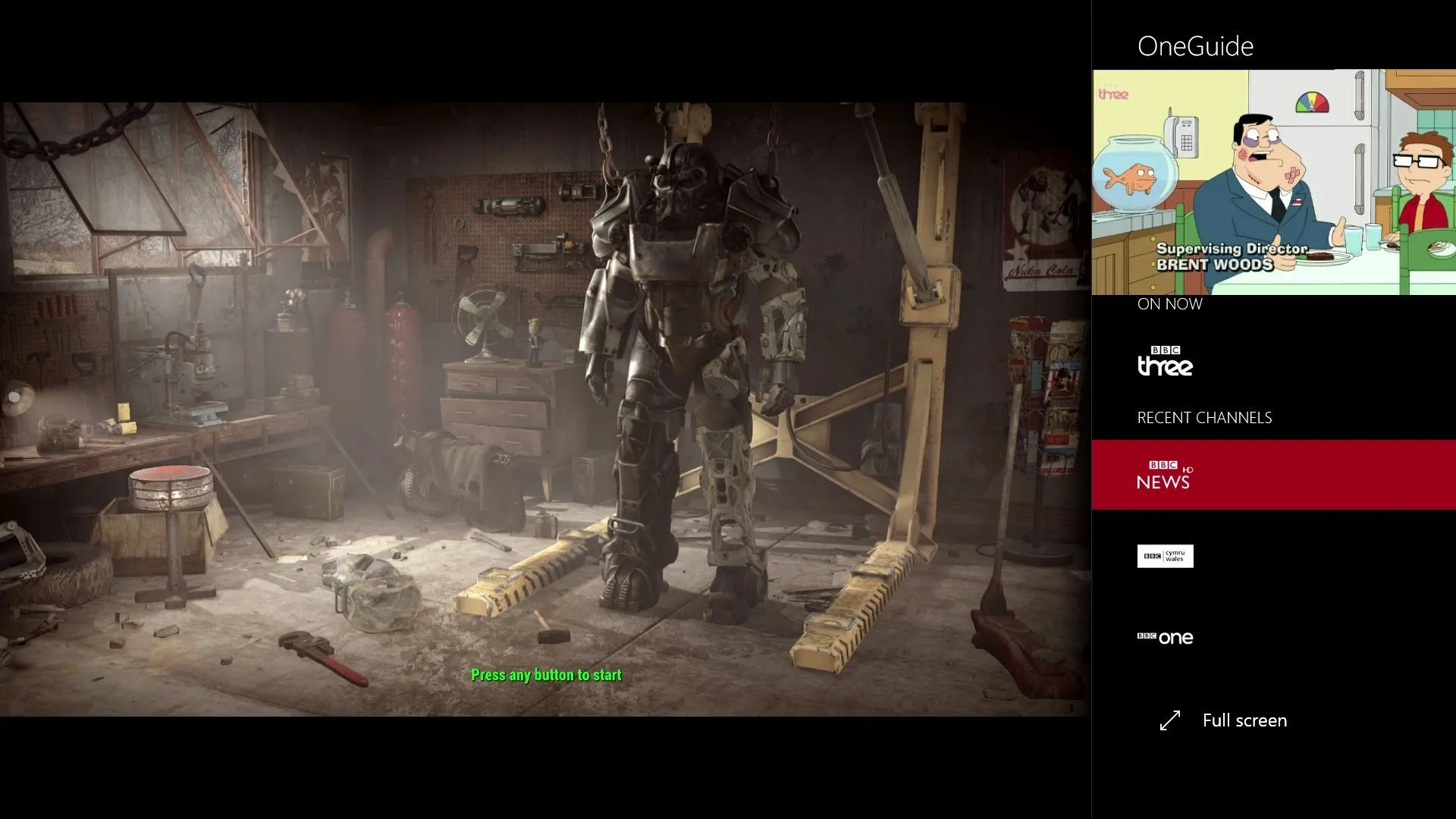 Tính năng Snap của Xbox One với Fallout 4 và American Dad, cho phép đa nhiệm trên màn hình console