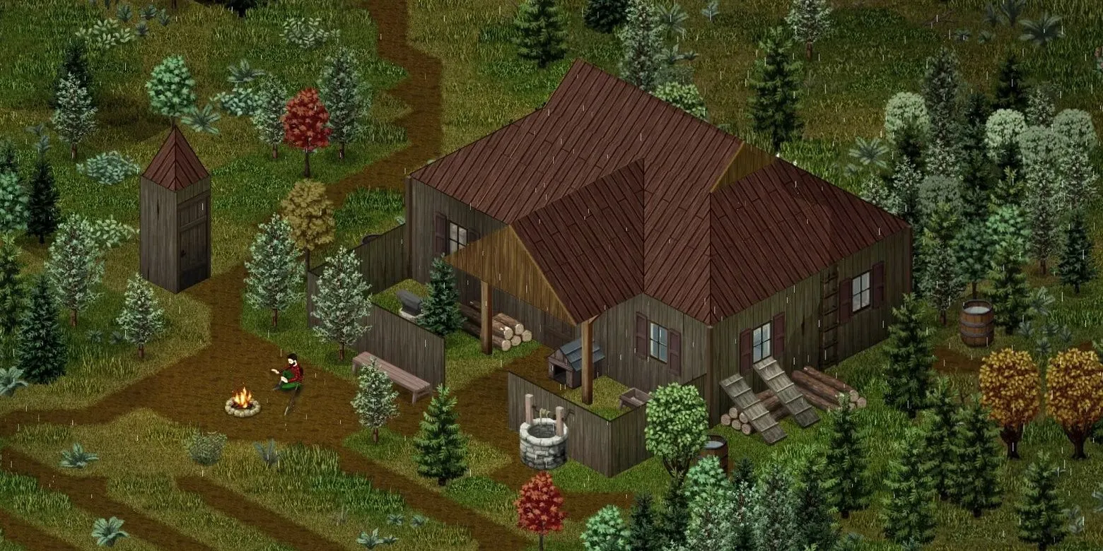 Toà nhà lớn phong cách Gothic giữa rừng cây trong Project Zomboid