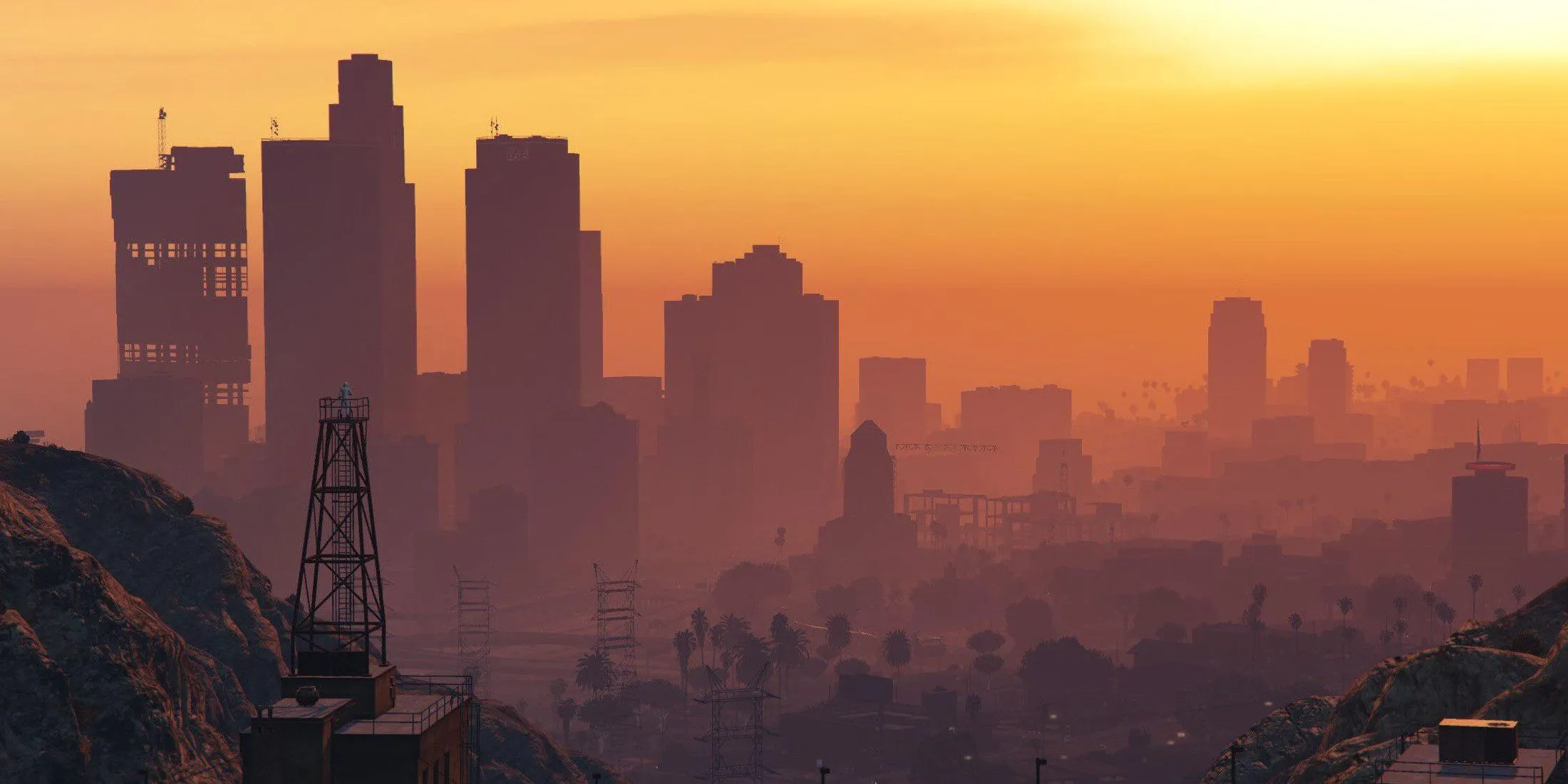 Toàn cảnh đường chân trời rực rỡ của Los Santos trong Grand Theft Auto VI, thể hiện quy mô và chi tiết của thế giới game