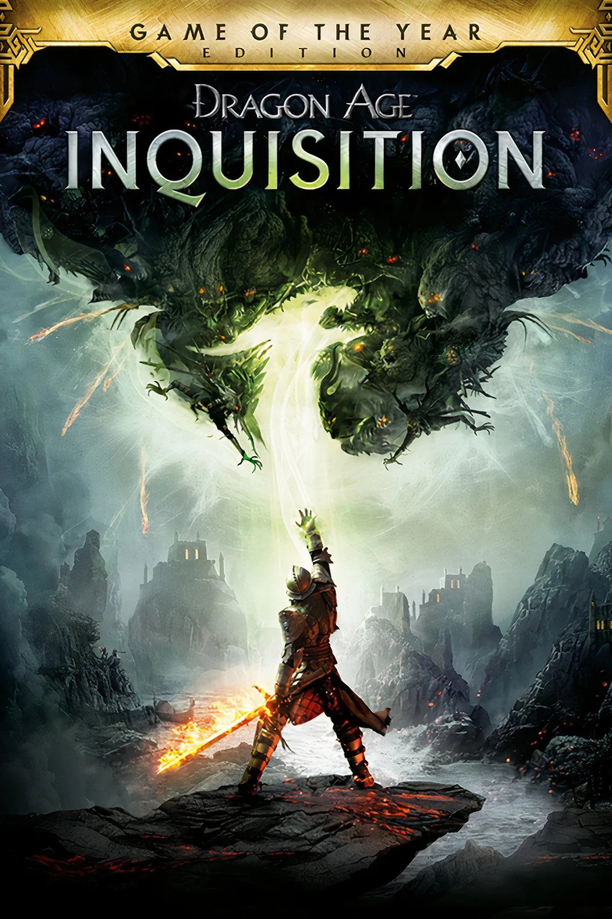 Tổng hợp hình ảnh từ Dragon Age: Inquisition, thể hiện thế giới giả tưởng rộng lớn và các trận chiến hành động RPG.