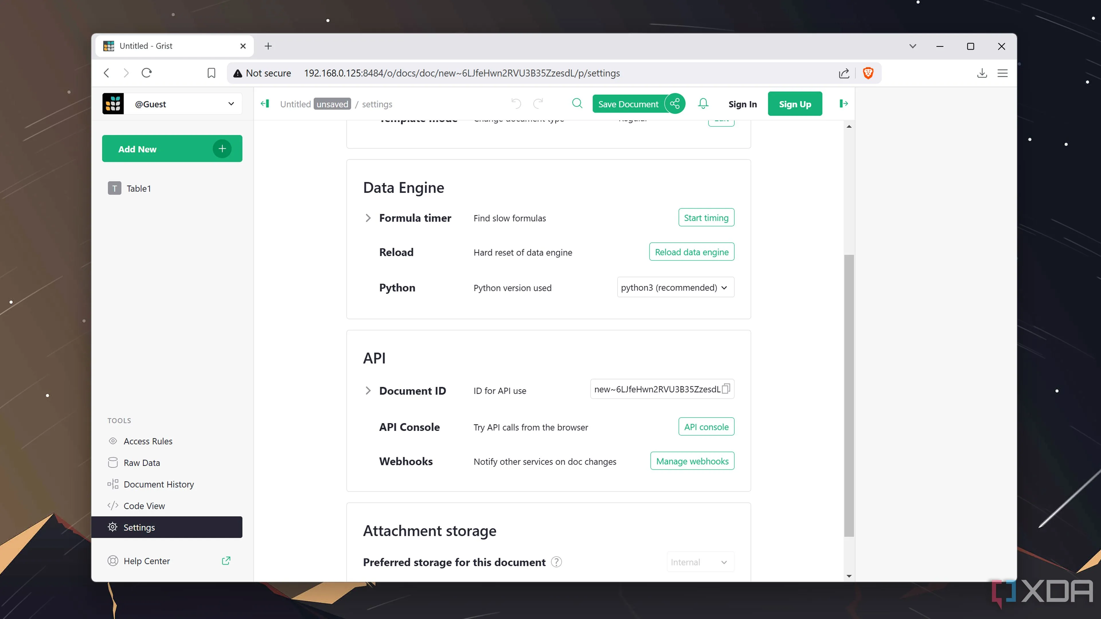 Tổng quan giao diện người dùng web của Grist, hiển thị bảng tính và các tùy chọn quản lý