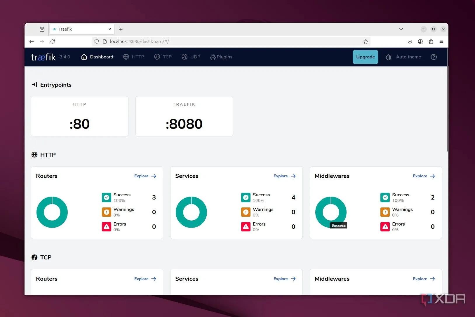 Traefik dashboard hiển thị dịch vụ đang hoạt động trong môi trường Docker