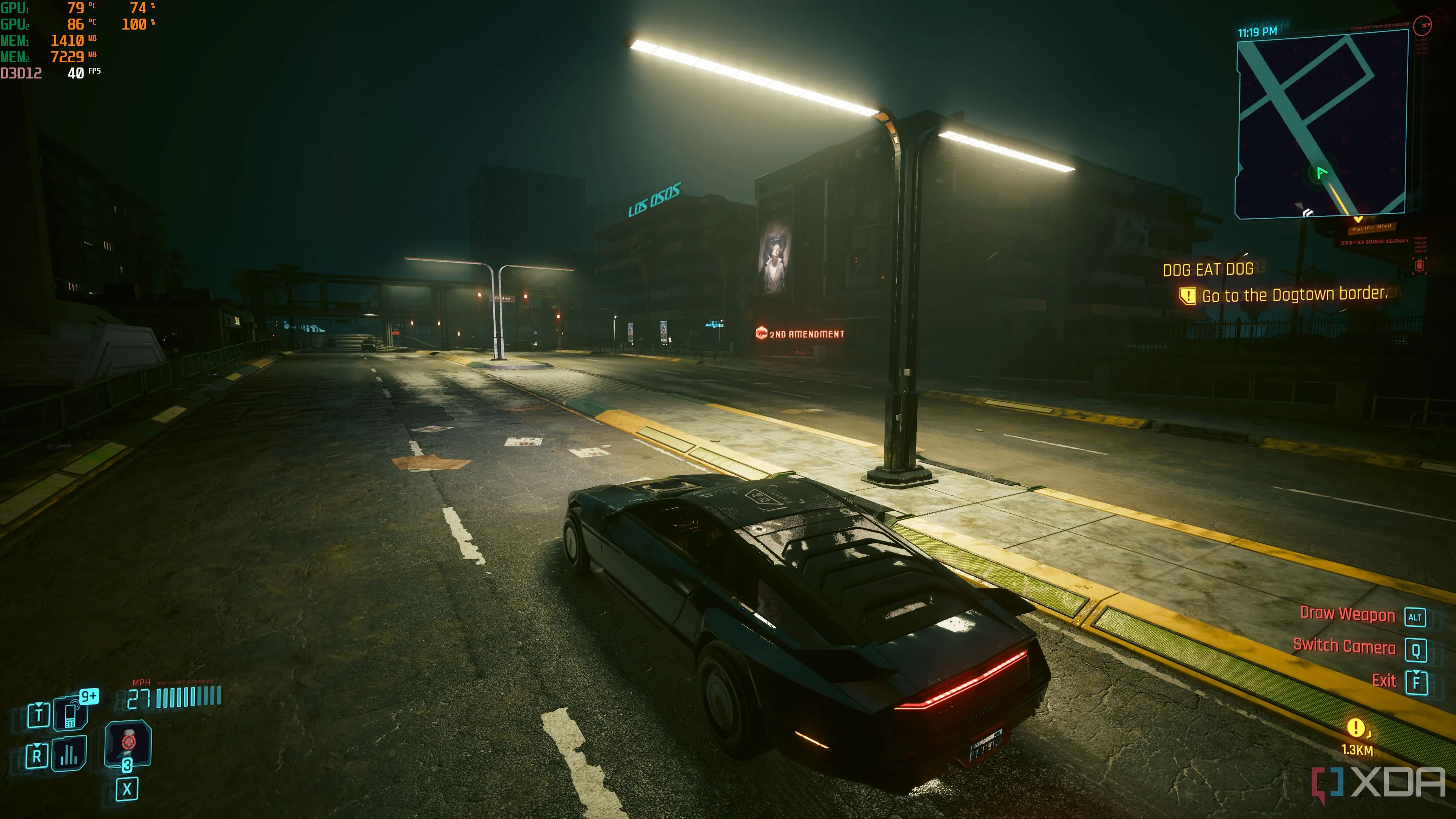 Trải nghiệm chơi game Cyberpunk 2077 với tính năng Lossless Scaling được bật, hiển thị đồ họa chi tiết