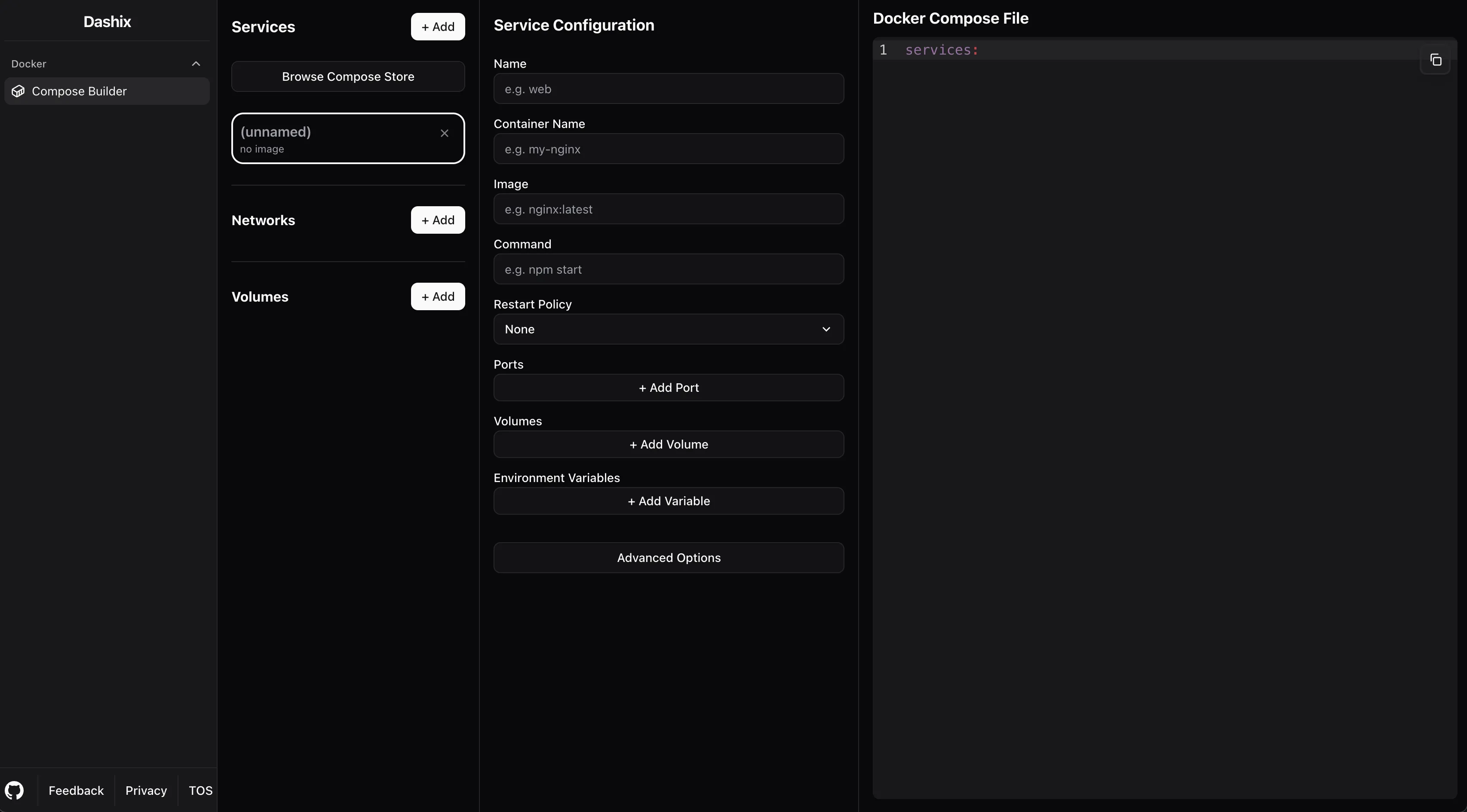 Trang cài đặt trống của Dashix cho phép thiết lập logic điều kiện trong Docker Compose