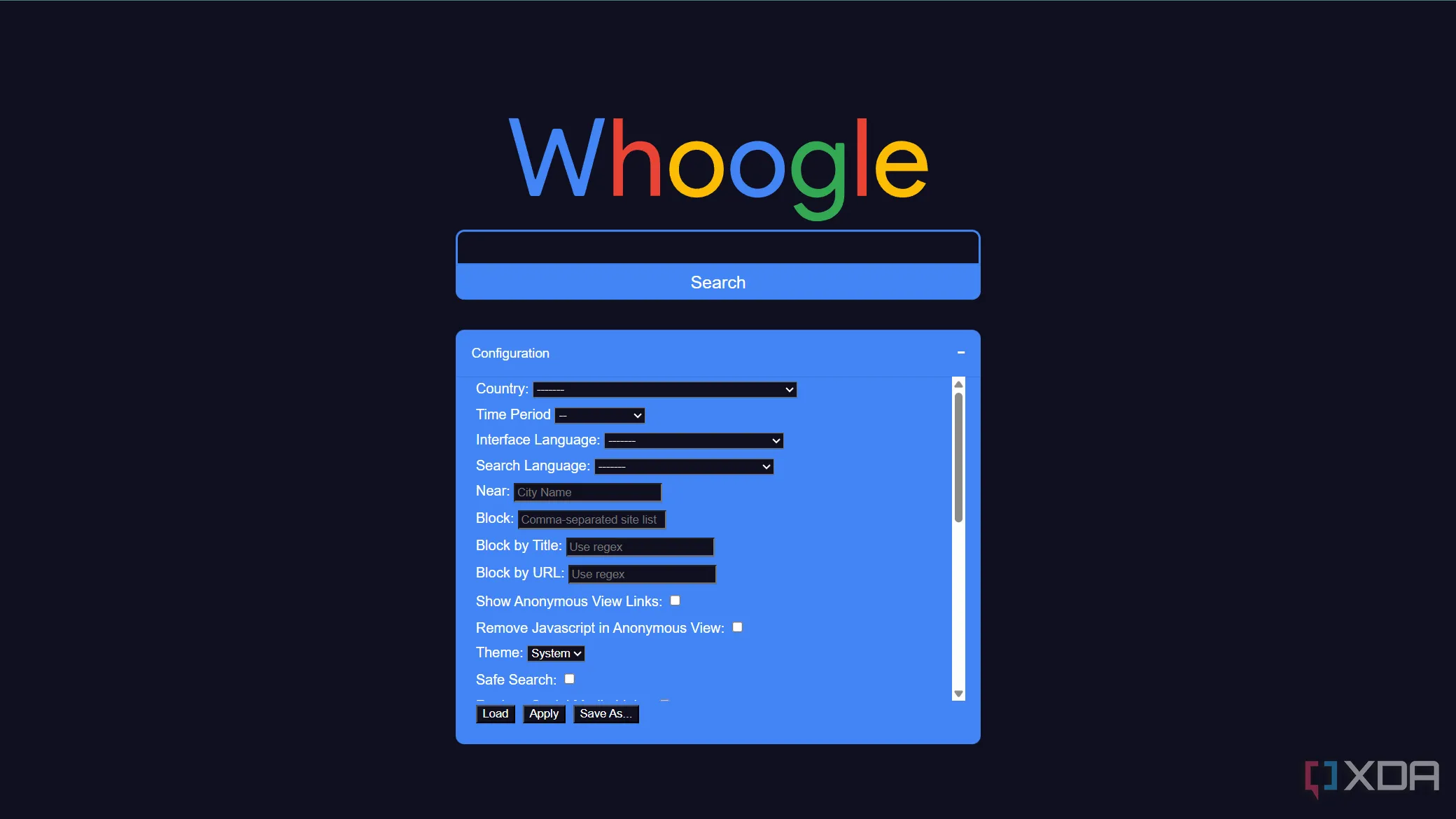 Trang cấu hình Whoogle với các tùy chọn tùy chỉnh tìm kiếm như chặn trang web, bật SafeSearch và điều chỉnh User Agent
