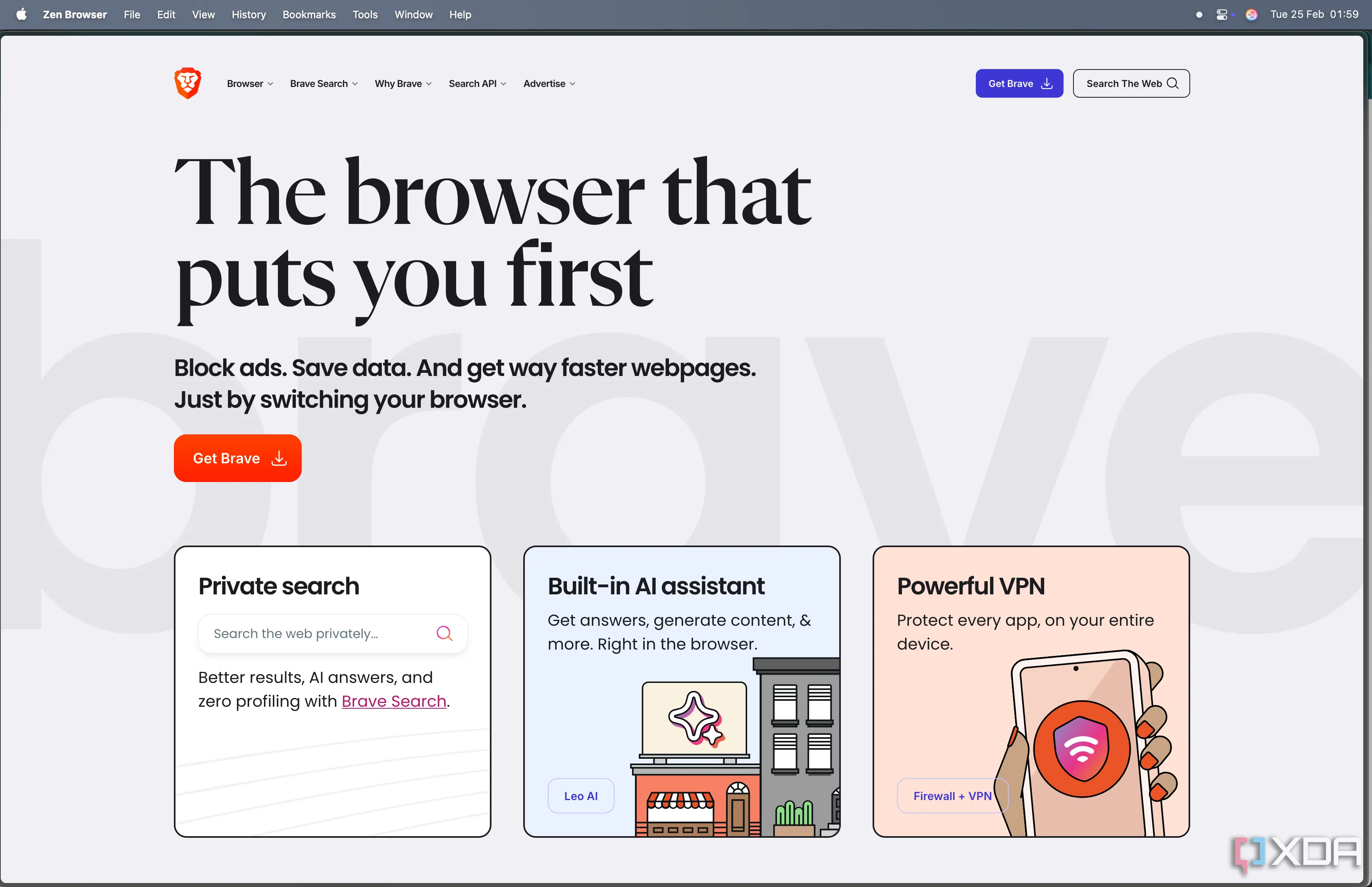Trang chủ Brave Browser với giao diện mặc định, nhấn mạnh các yếu tố bảo mật và tích hợp Web3.