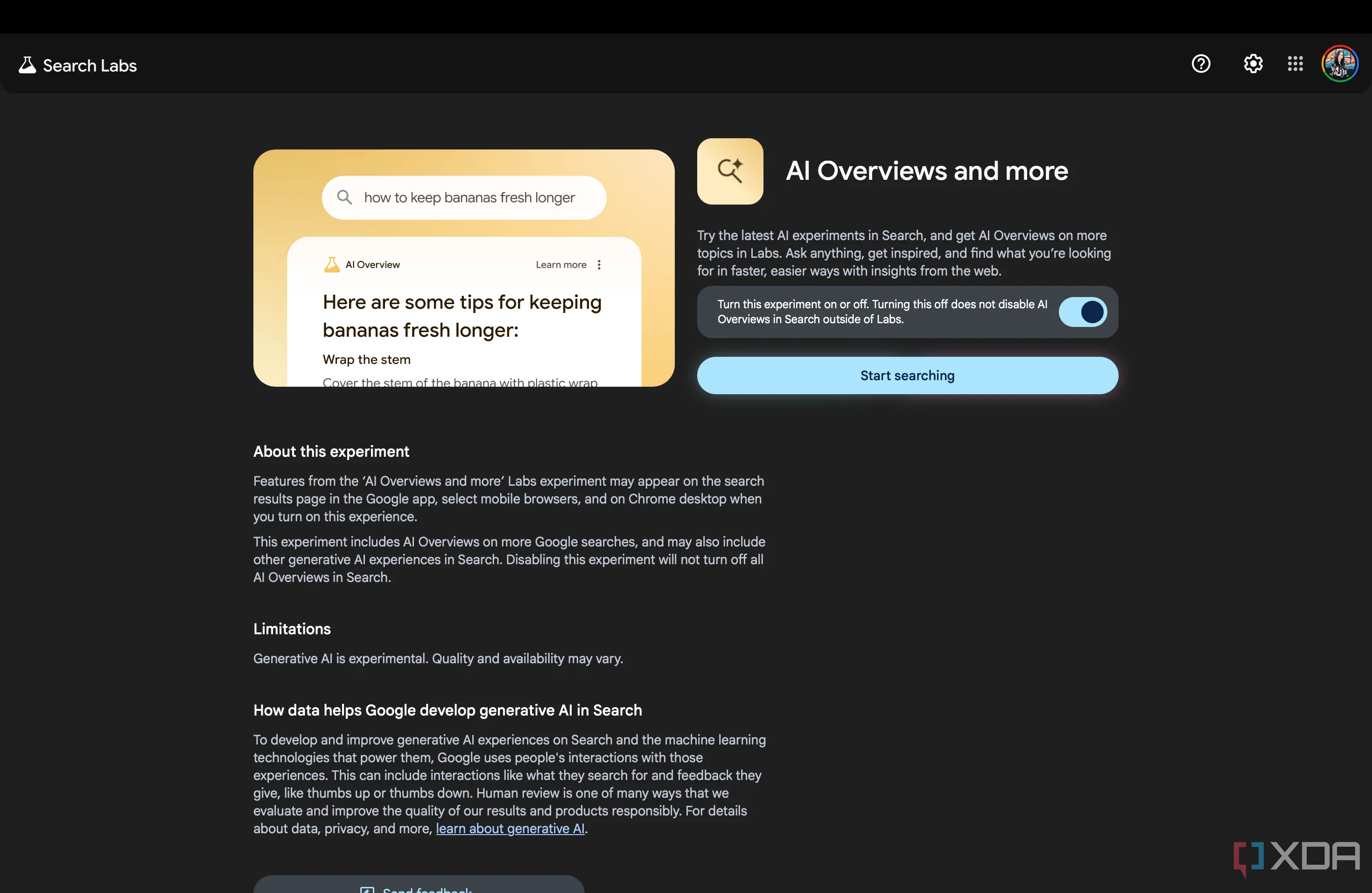 Trang Google Labs nơi người dùng có thể kích hoạt các thử nghiệm AI Overviews và Audio Overviews mới