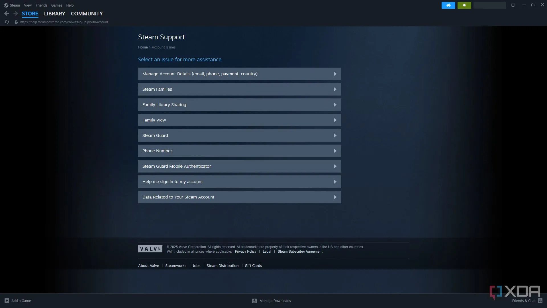 Trang hỗ trợ khách hàng Steam với nhiều tùy chọn giúp người dùng giải quyết các vấn đề liên quan đến tài khoản và game