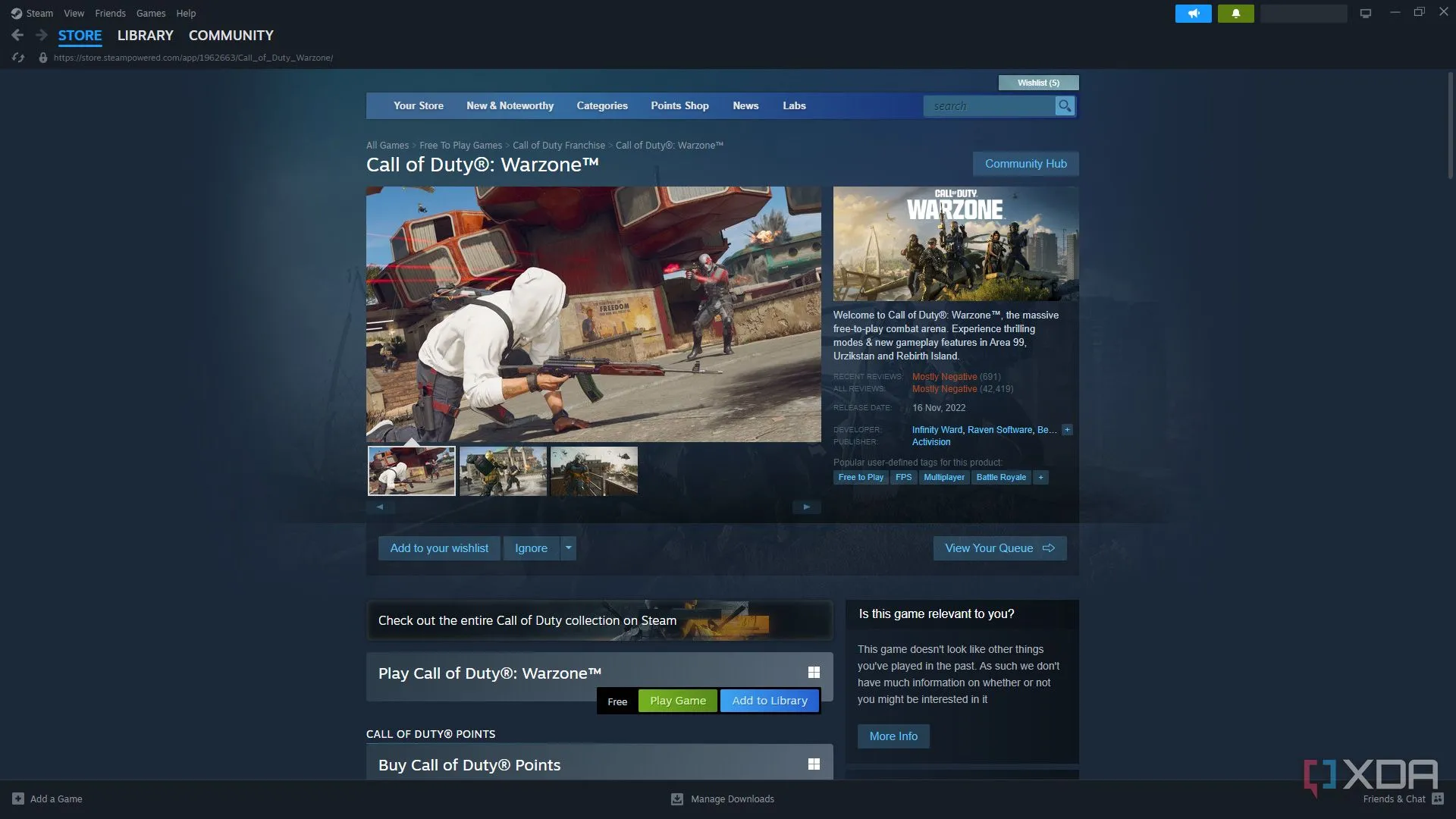 Trang Steam của game Call of Duty: Warzone, tựa game AAA dung lượng lớn cần tính năng sao lưu tiện lợi