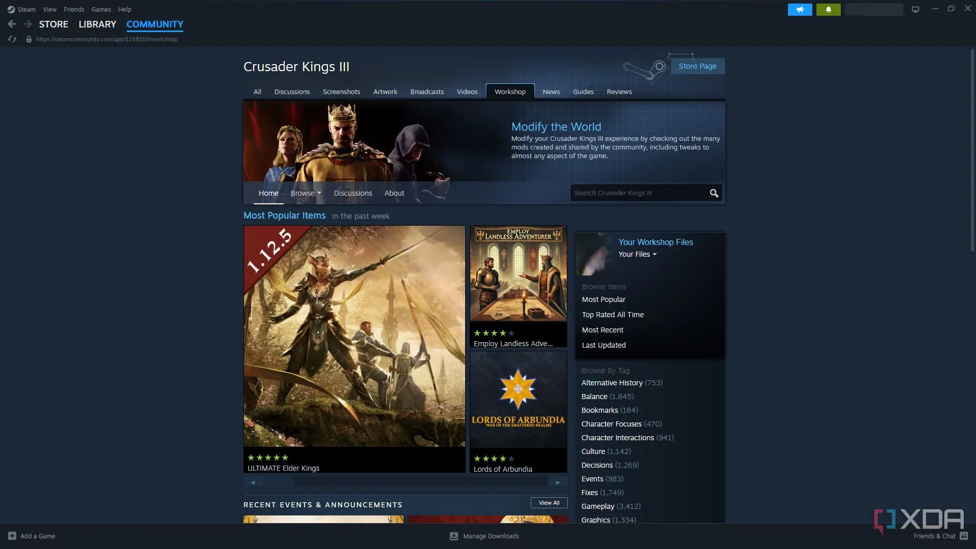 Trang Steam Workshop của Crusader Kings 3, minh họa tính năng mod game cộng đồng tiện lợi