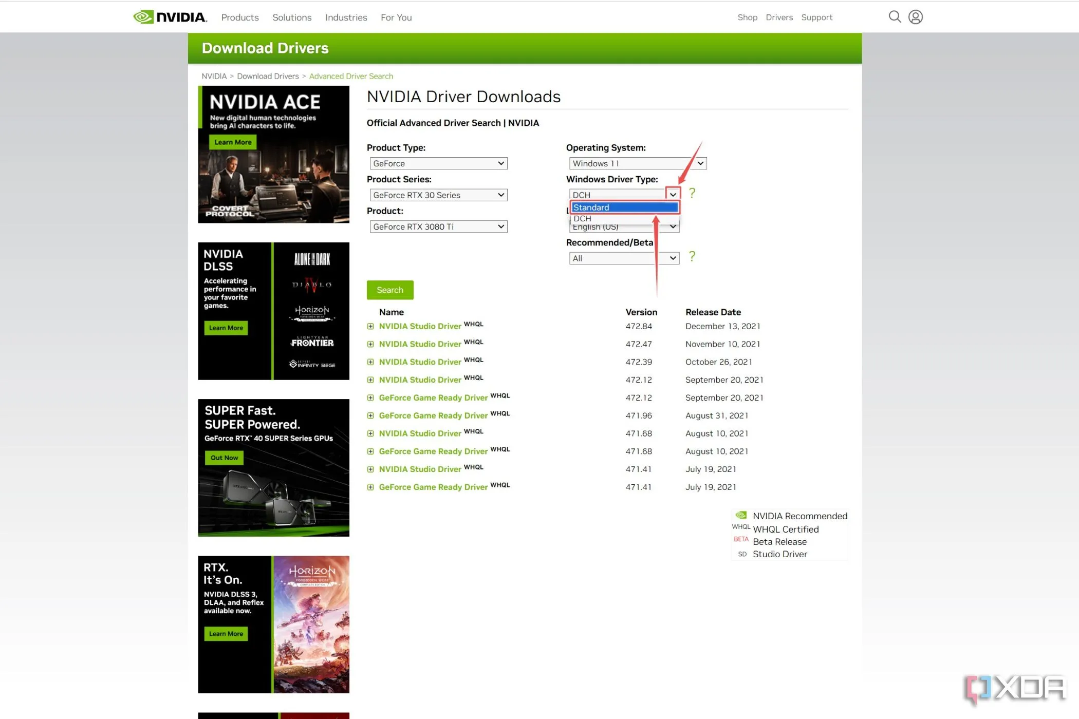 Trang tải driver của Nvidia với tùy chọn Standard drivers được đánh dấu, minh họa việc cập nhật trình điều khiển card đồ họa
