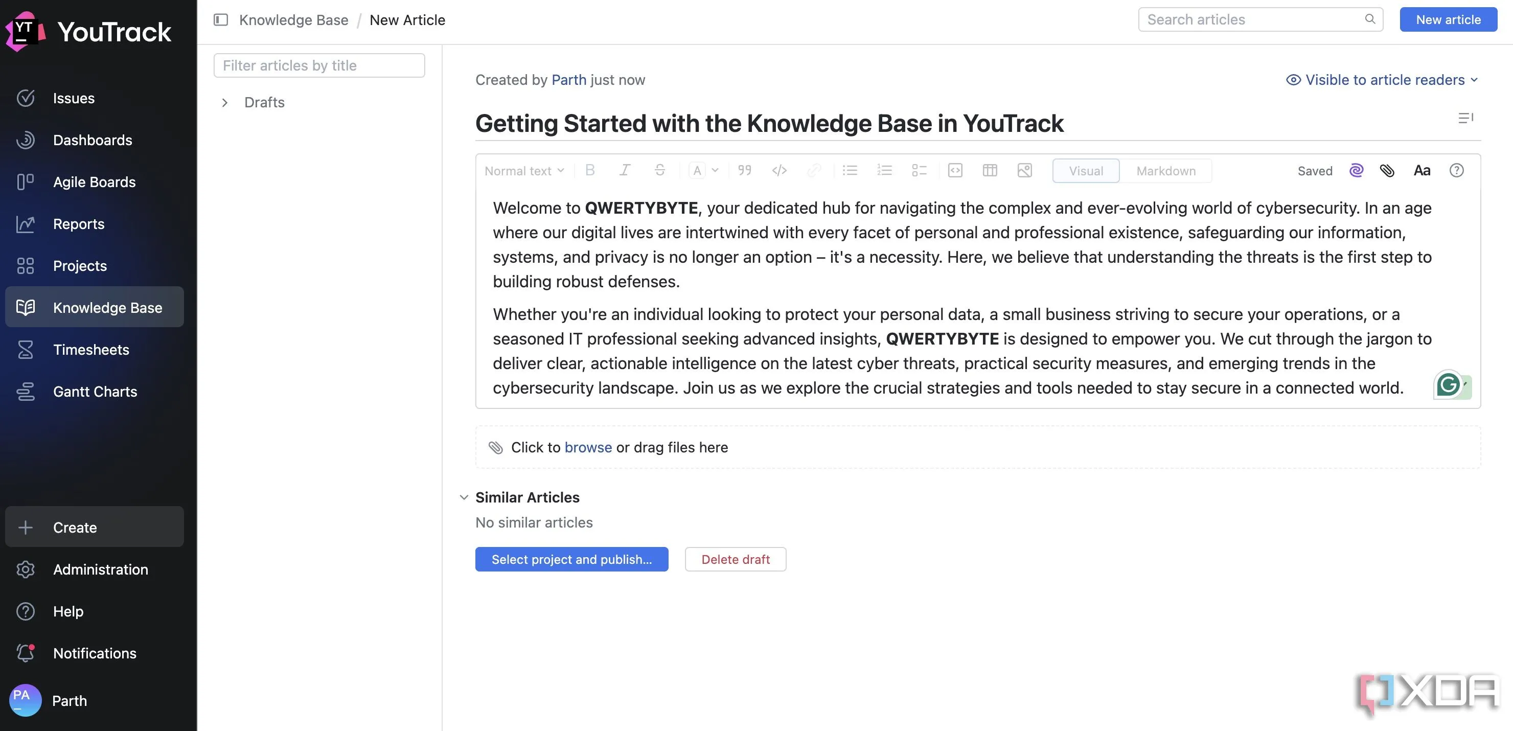 Trang tạo cơ sở tri thức (Knowledge Base) trong YouTrack, giúp lưu trữ thông tin và tài liệu dự án.