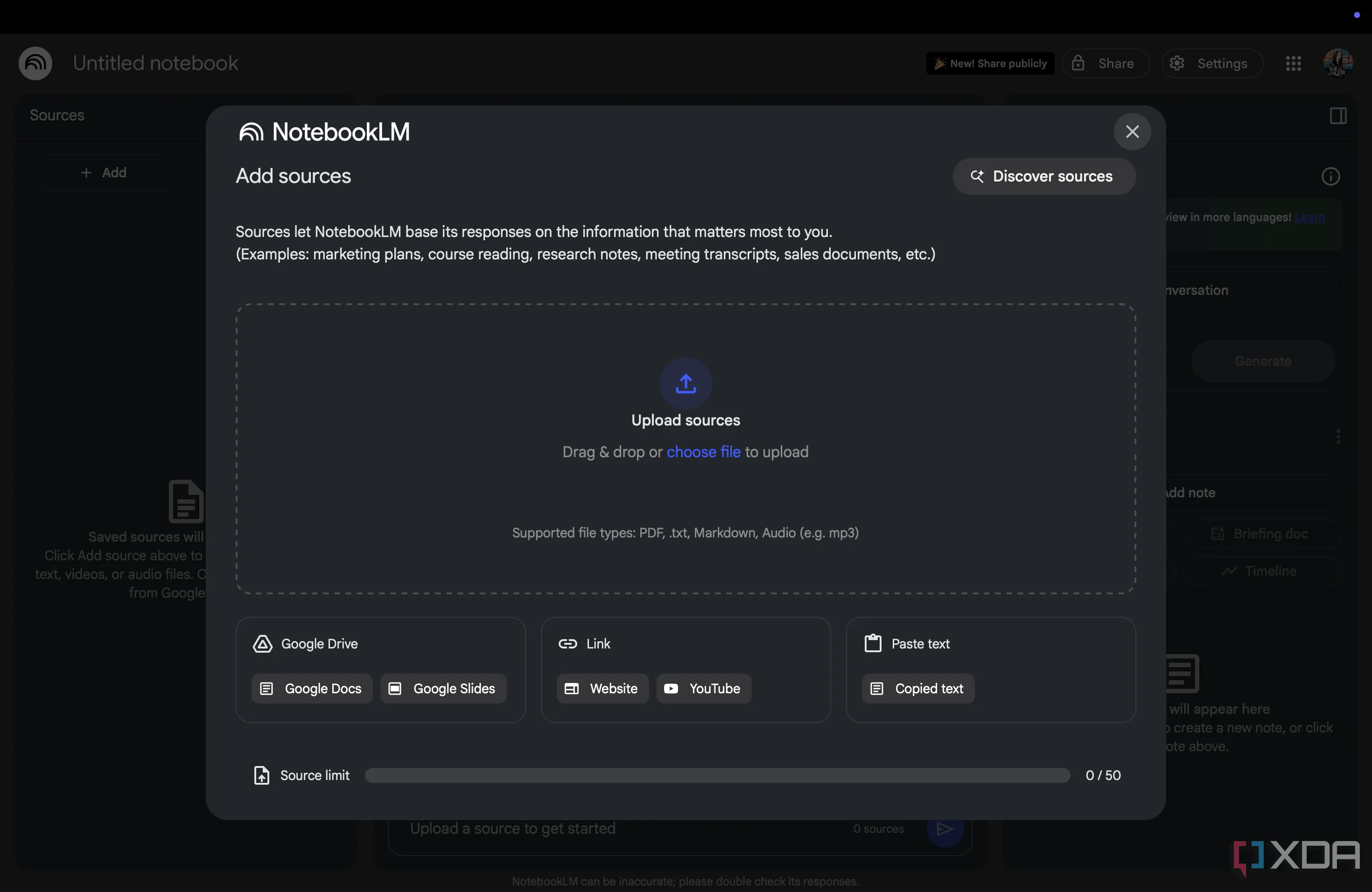 Trang &quot;Thêm nguồn dữ liệu&quot; (Add Sources) trong NotebookLM, nơi bạn tải lên tài liệu và liên kết