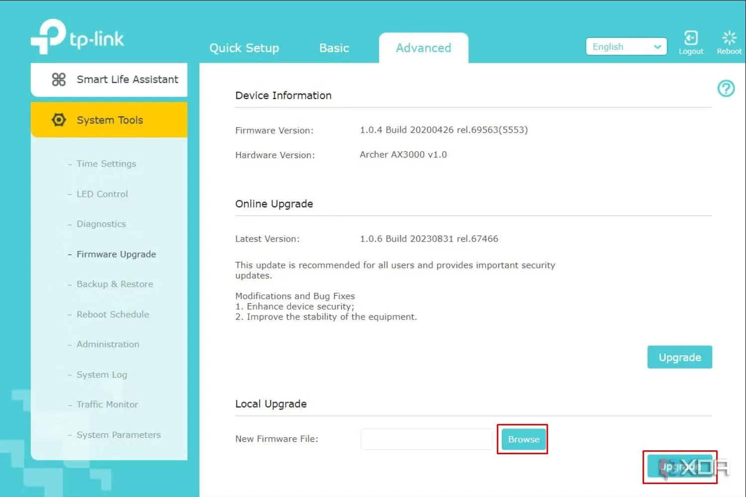 Trang truy cập web của router TP-Link hiển thị tùy chọn nâng cấp Firmware