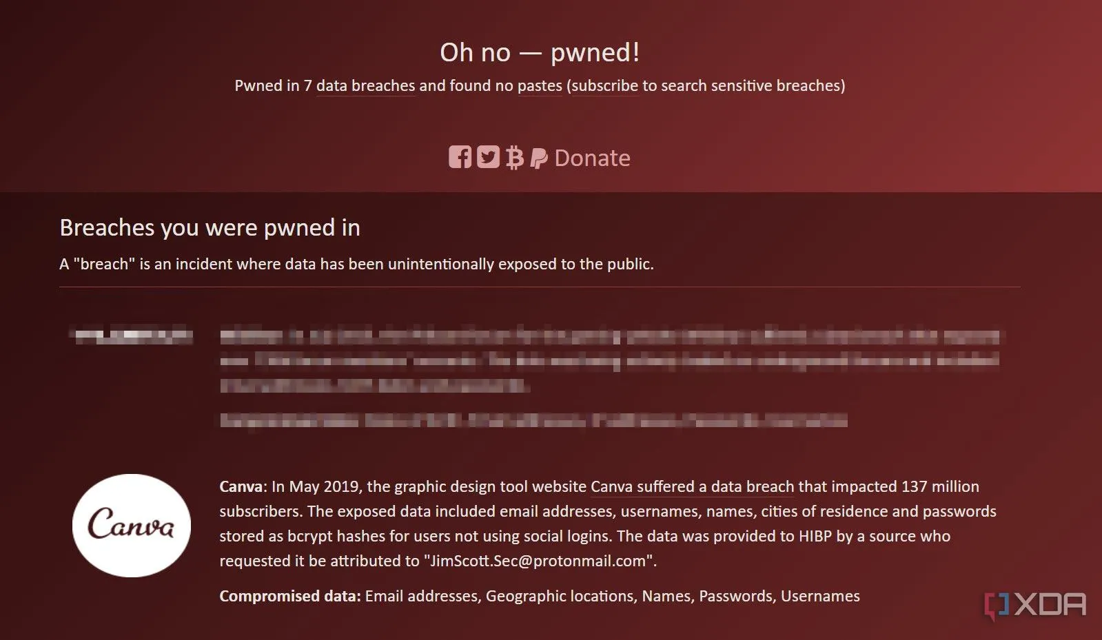 Trang web haveibeenpwned.com hiển thị thông tin về vụ rò rỉ dữ liệu Canva vào năm 2019