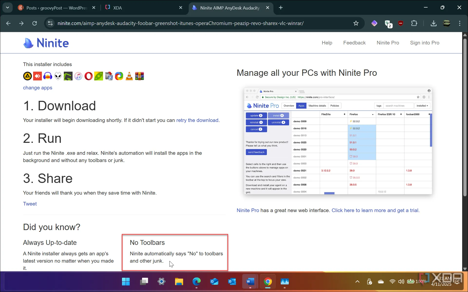 Trang web Ninite minh họa cam kết không cài đặt toolbar hay phần mềm rác cùng ứng dụng