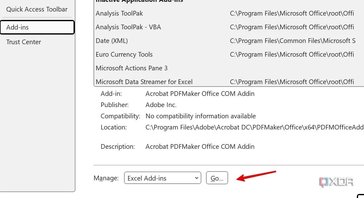 Truy cập cài đặt Add-ins trong Excel để vô hiệu hóa các tiện ích không dùng đến