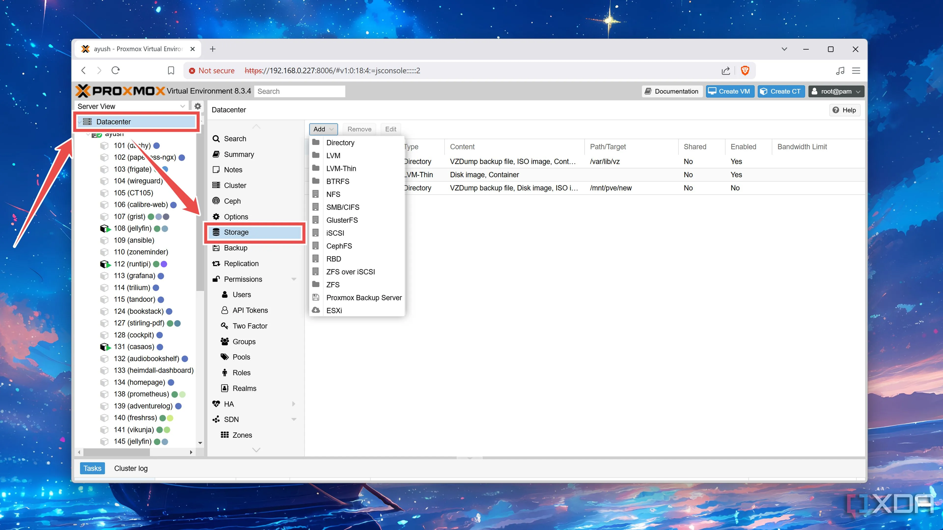 Truy cập tab Storage (Lưu trữ) trong giao diện web Proxmox VE để quản lý các nguồn lưu trữ.